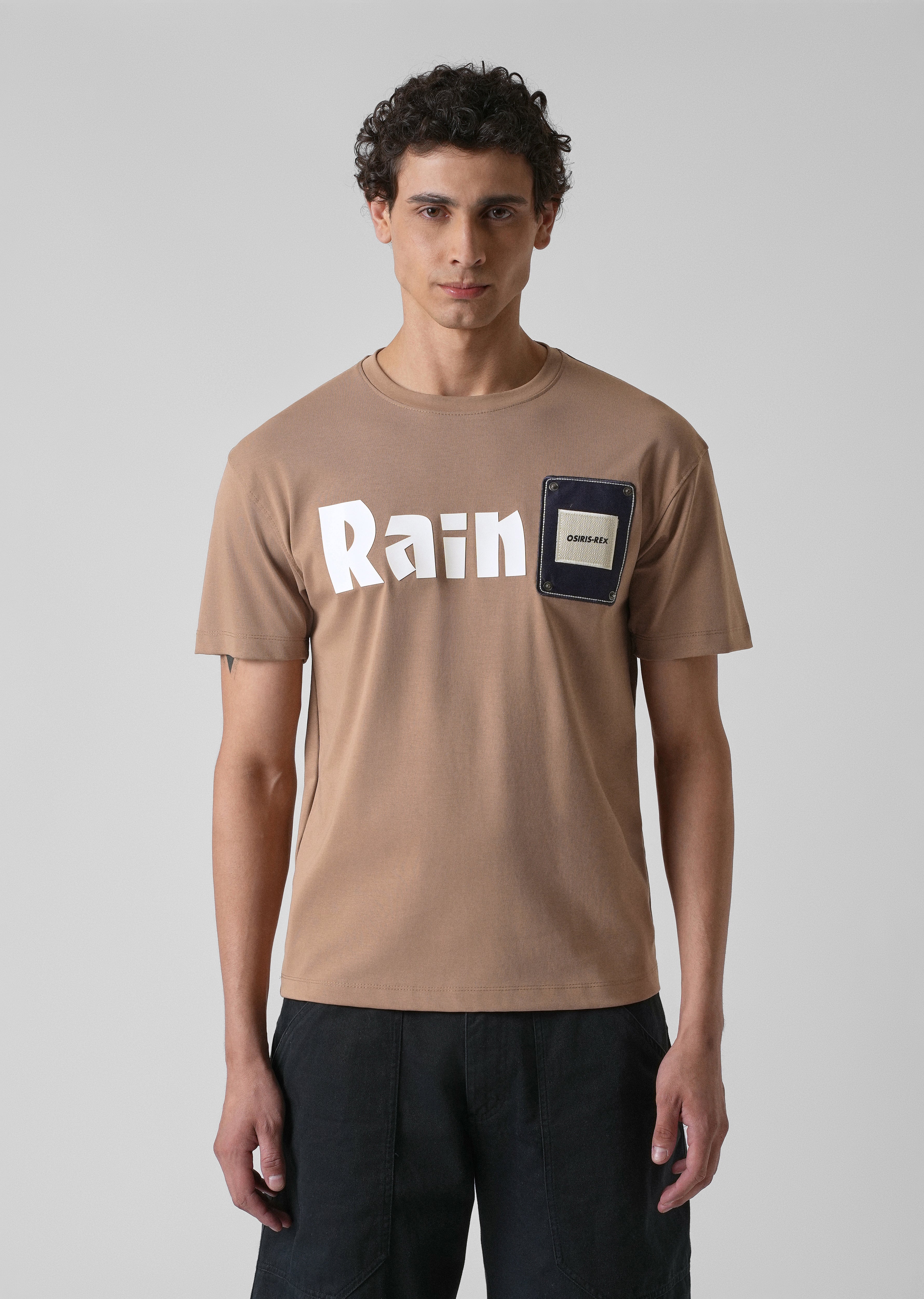 Brown Printed Patch Slim Fit T-shirt