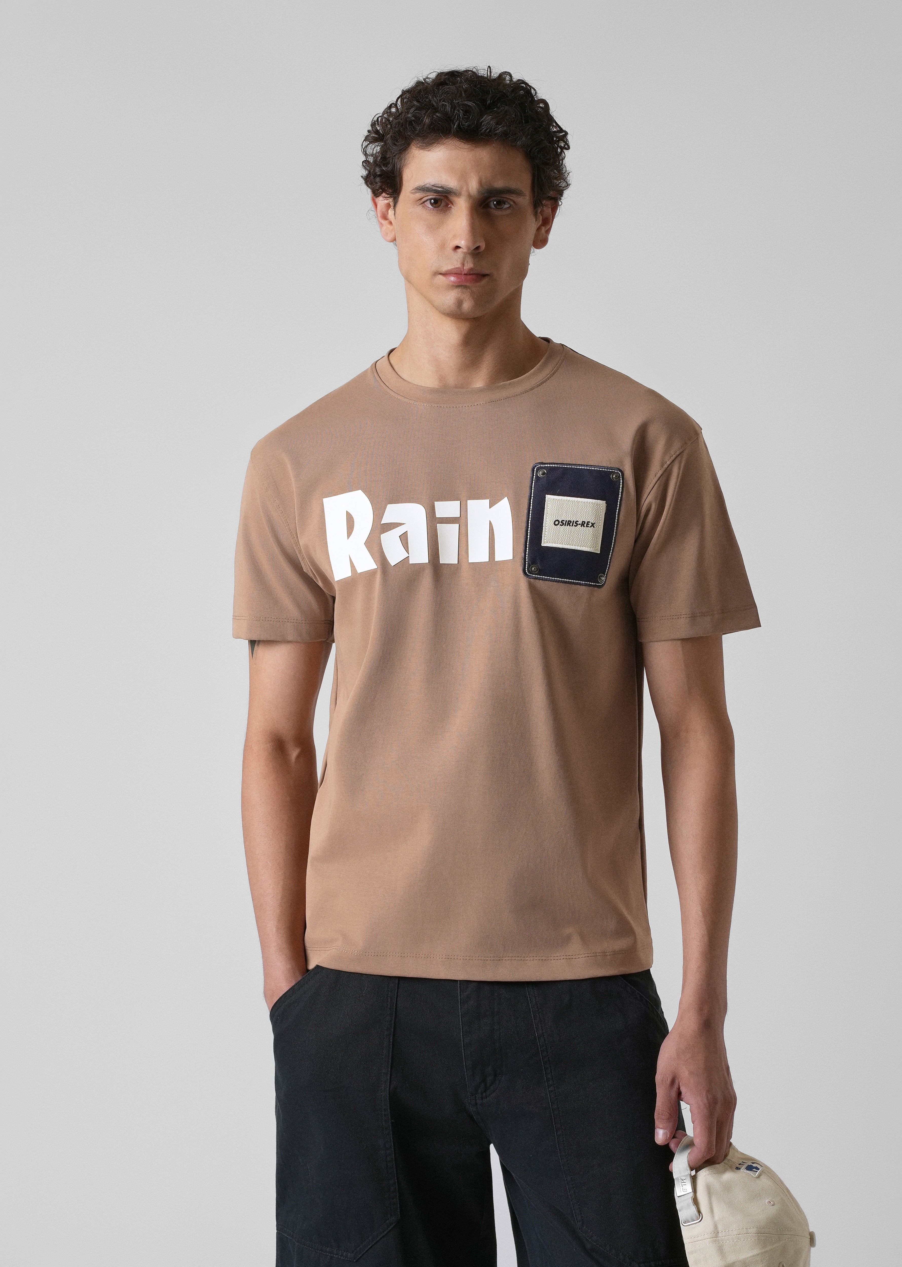 Brown Printed Patch Slim Fit T-shirt