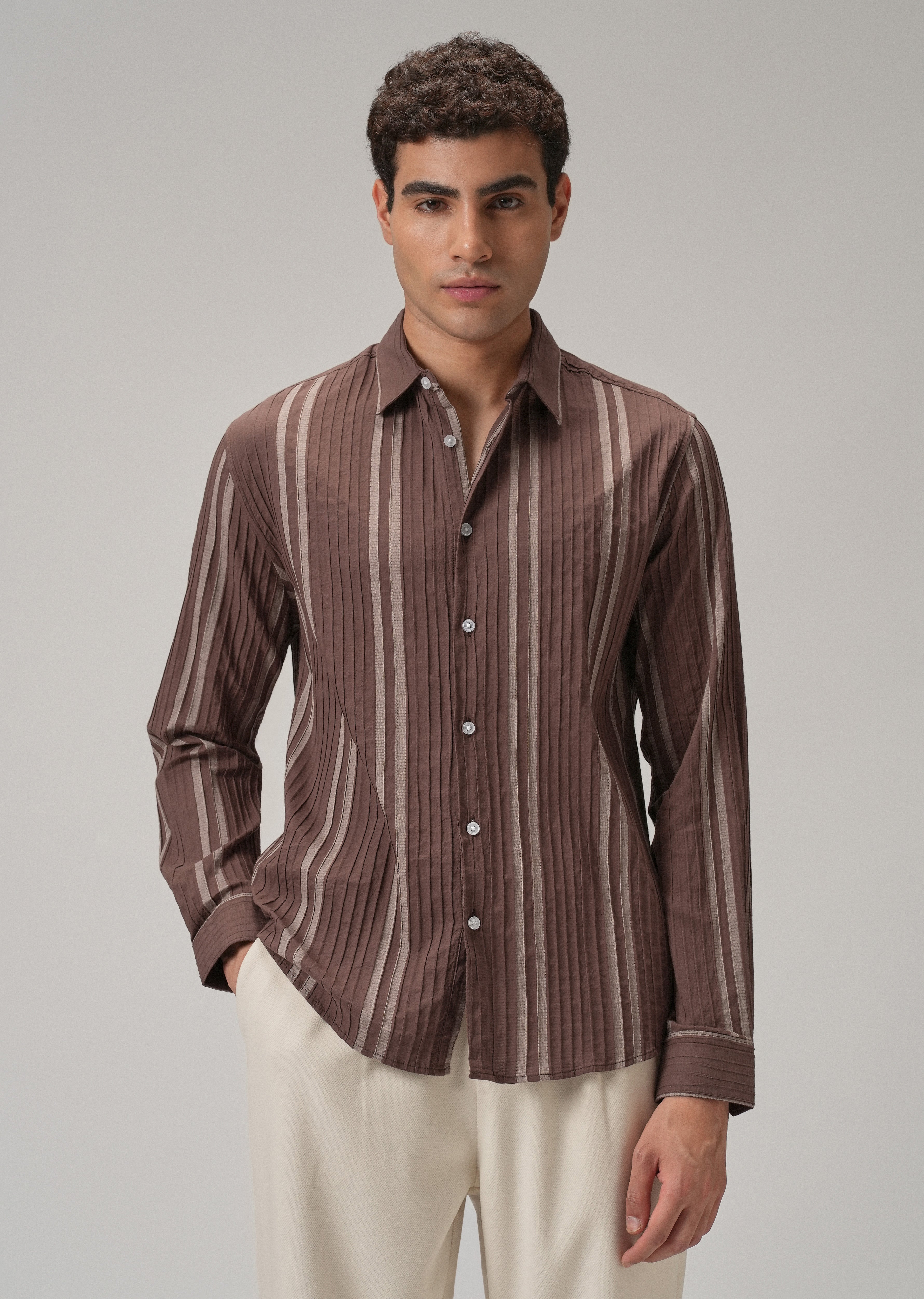 Self Pleat Brown Stripe Shirt