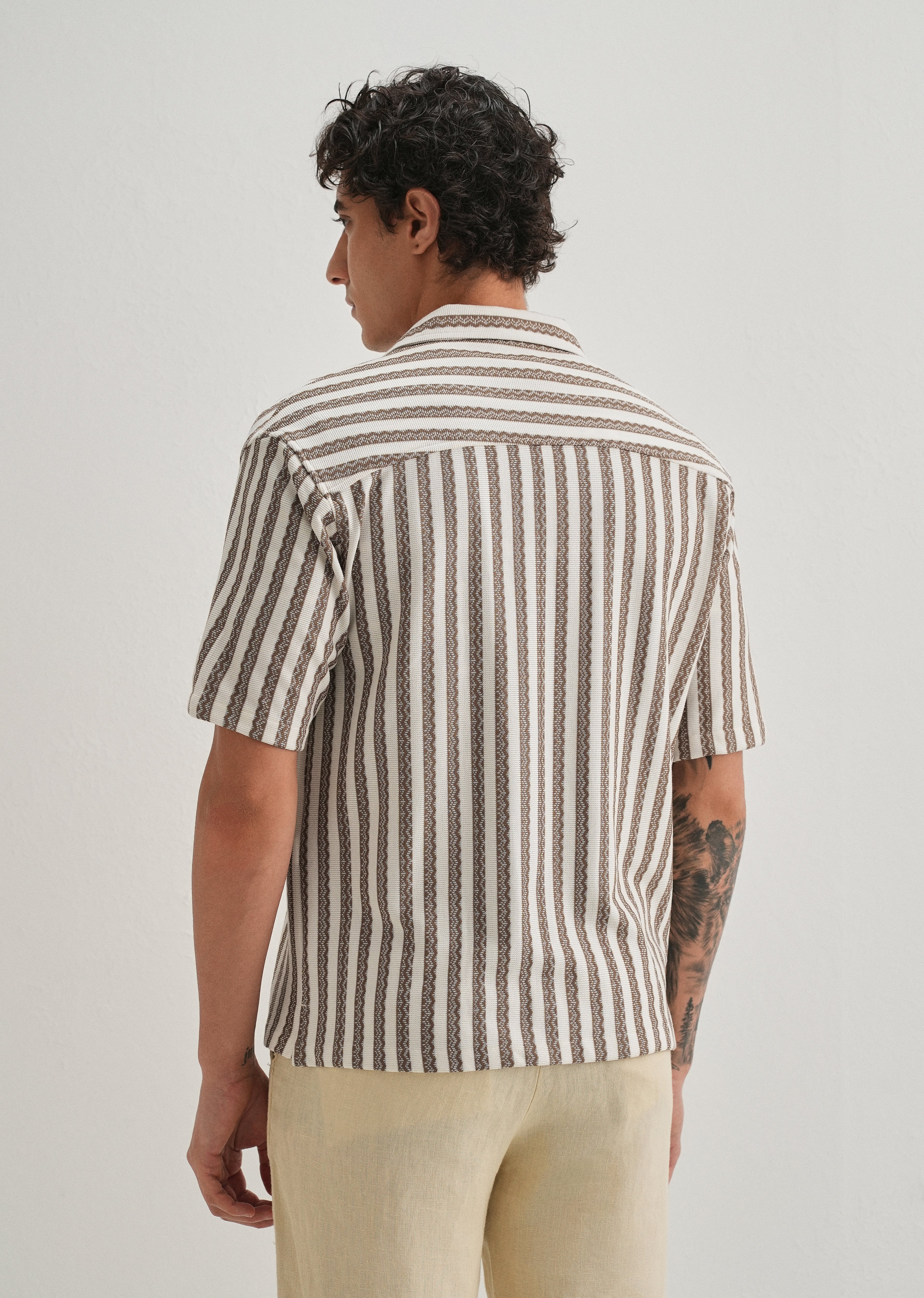 Brown Striped Knit Cuban Collar Shirt