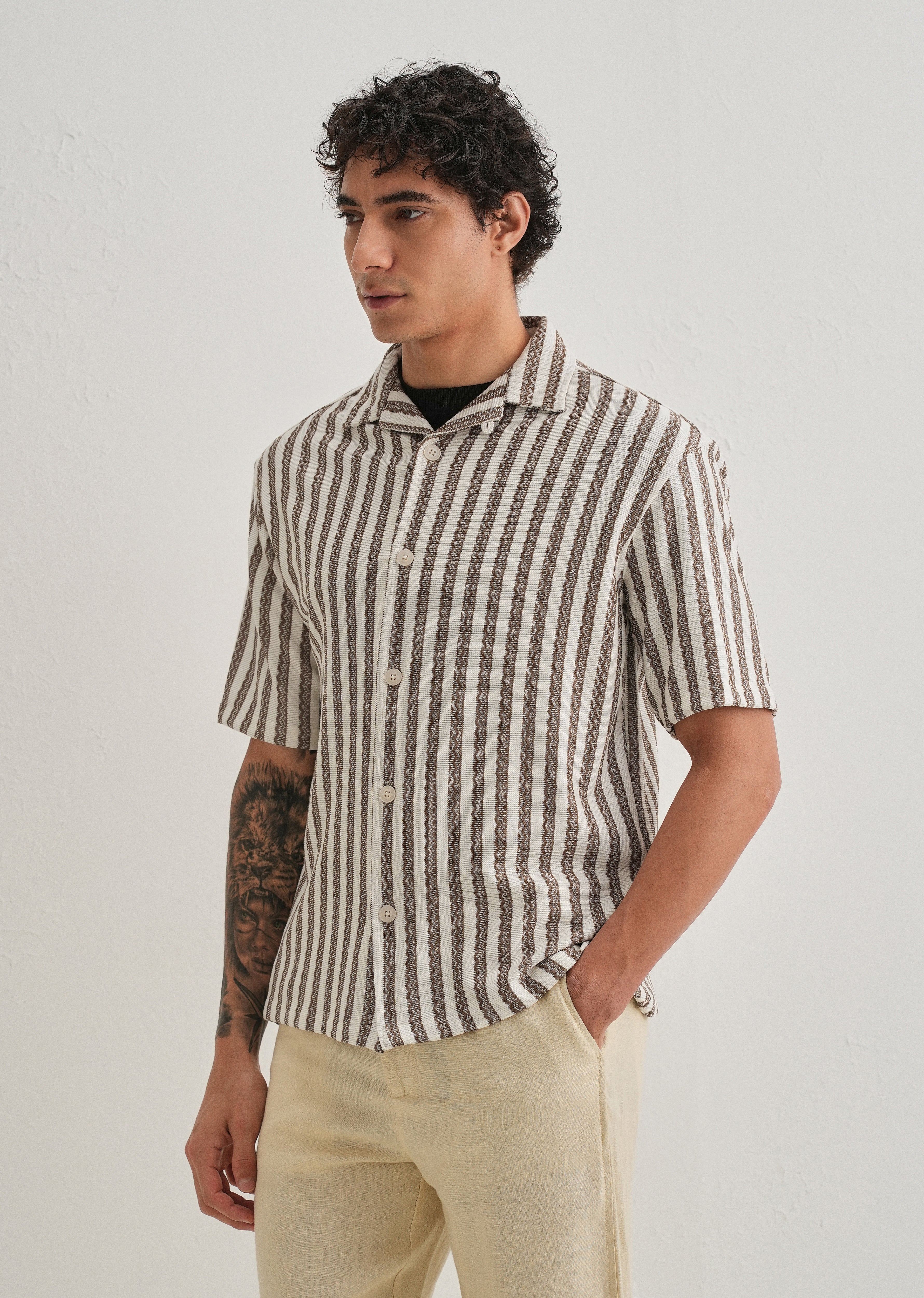 Brown Striped Knit Cuban Collar Shirt