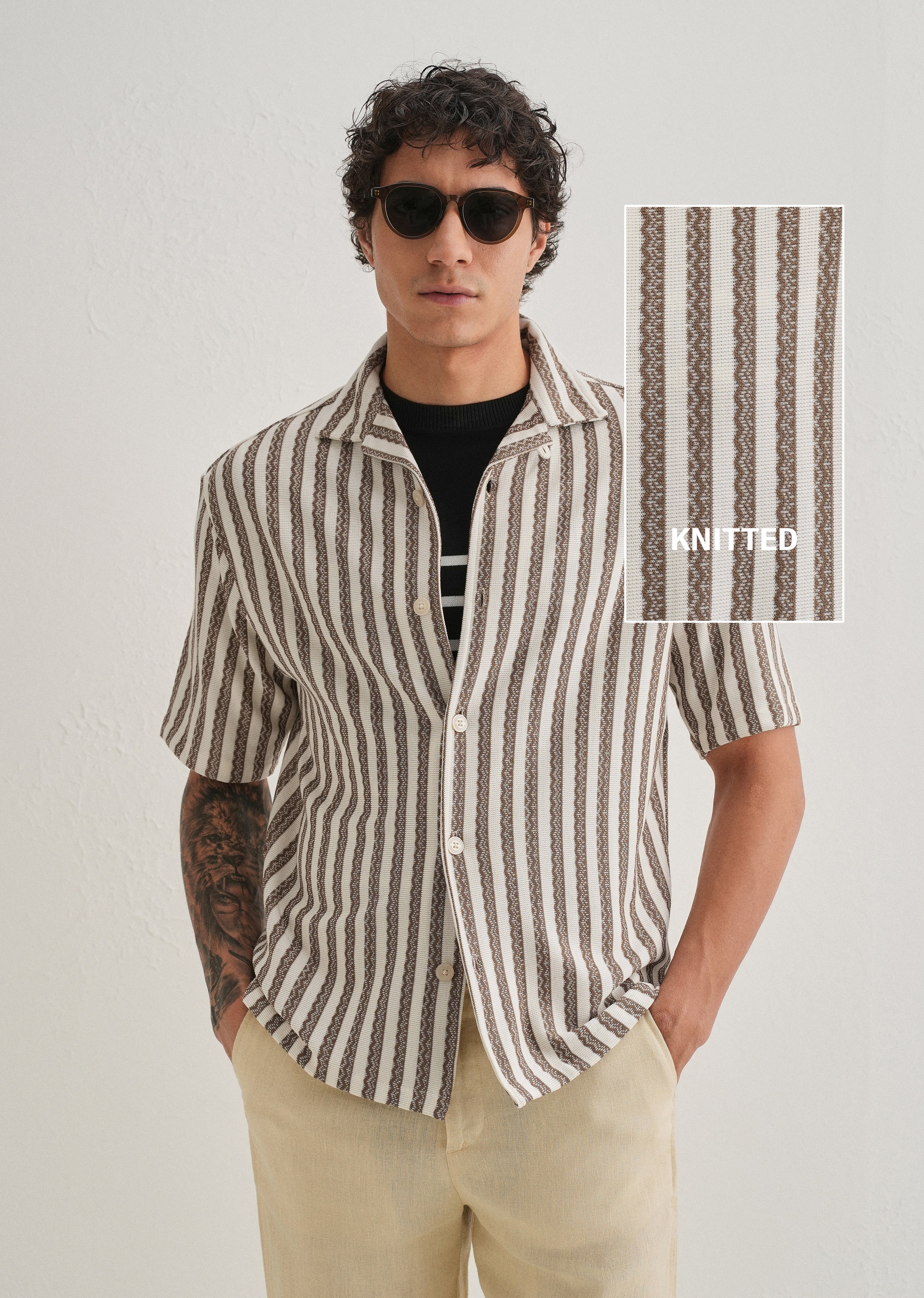 Brown Striped Knit Cuban Collar Shirt