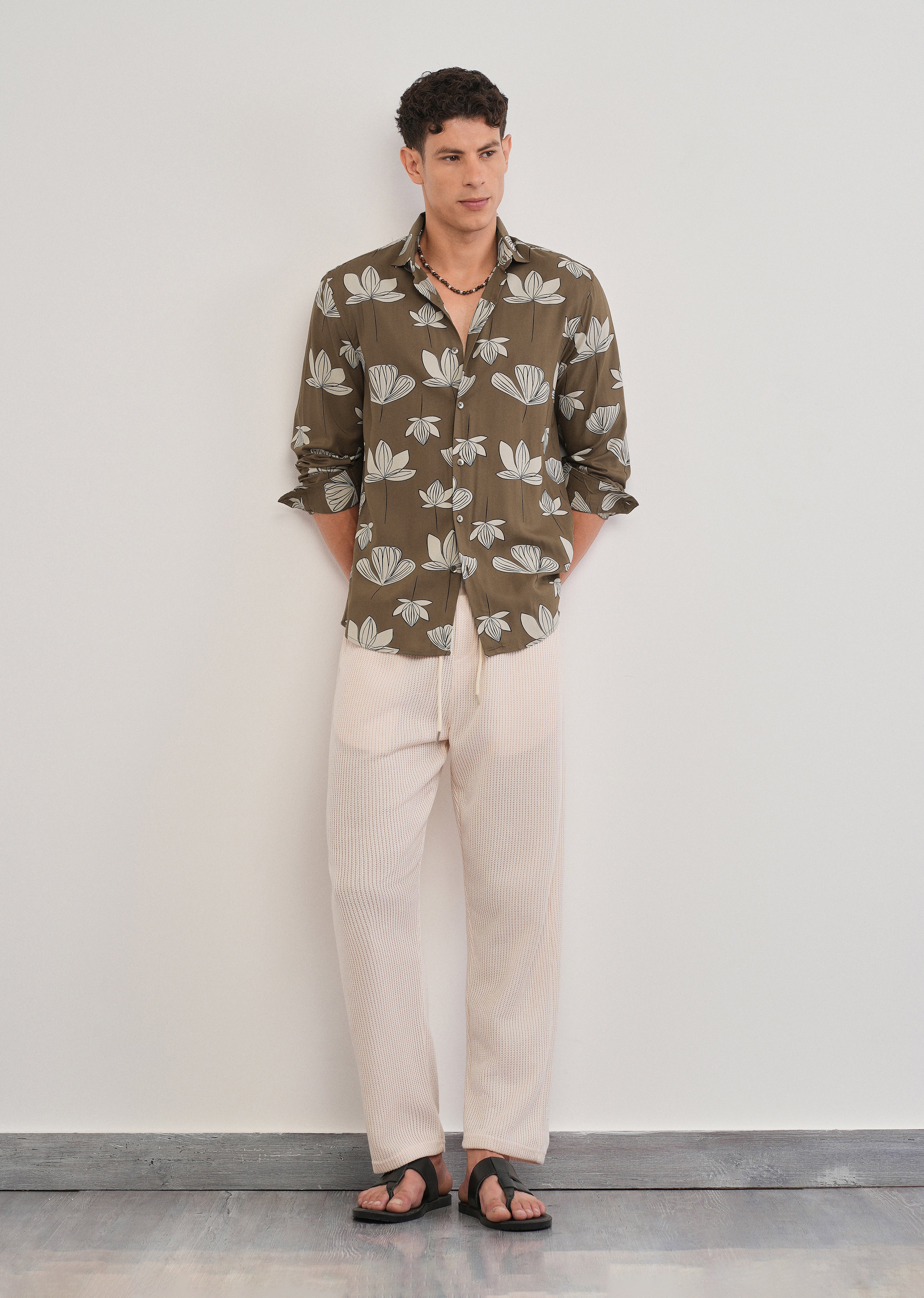 Brown Stylized Floral Print Shirt