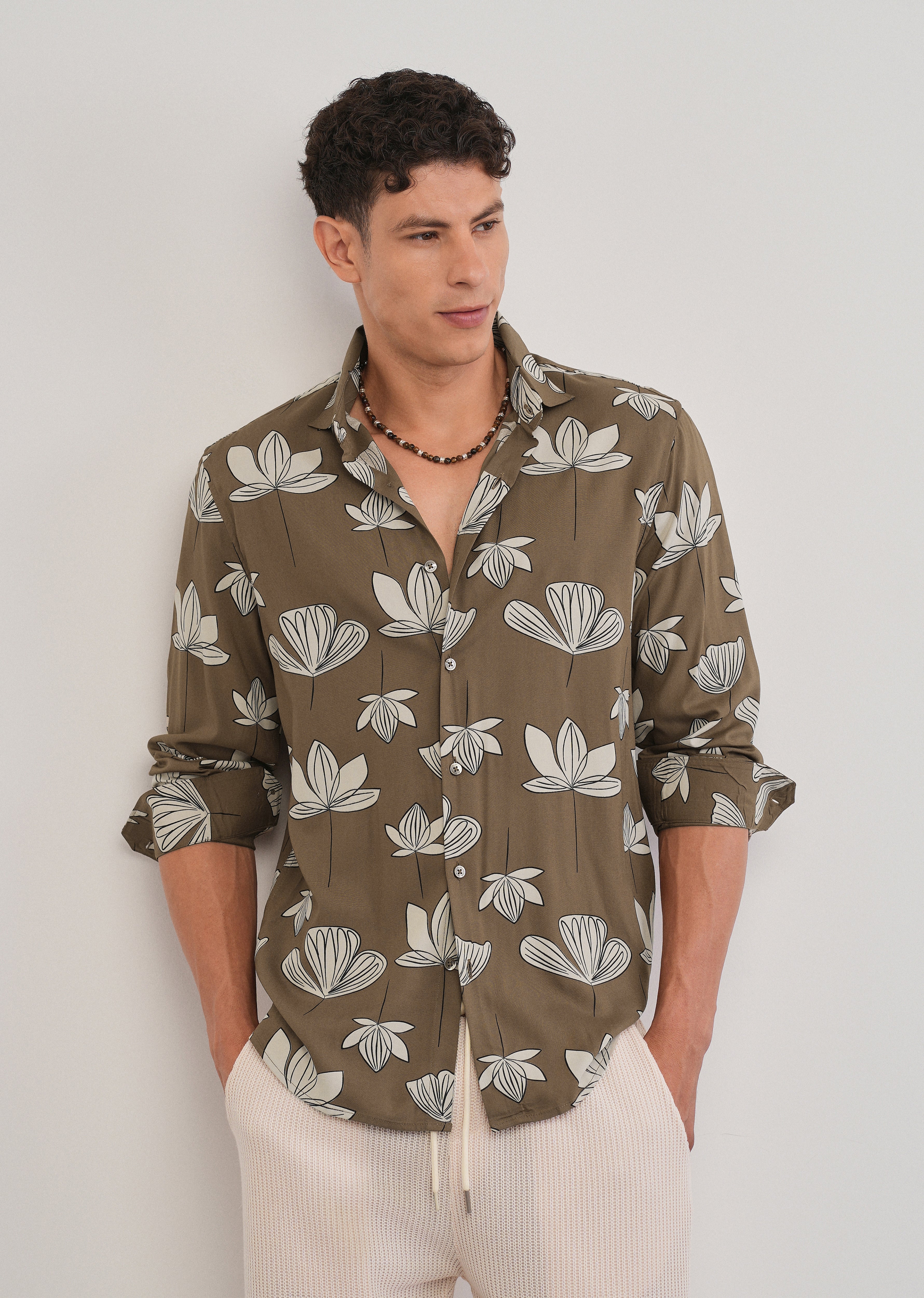 Brown Stylized Floral Print Shirt
