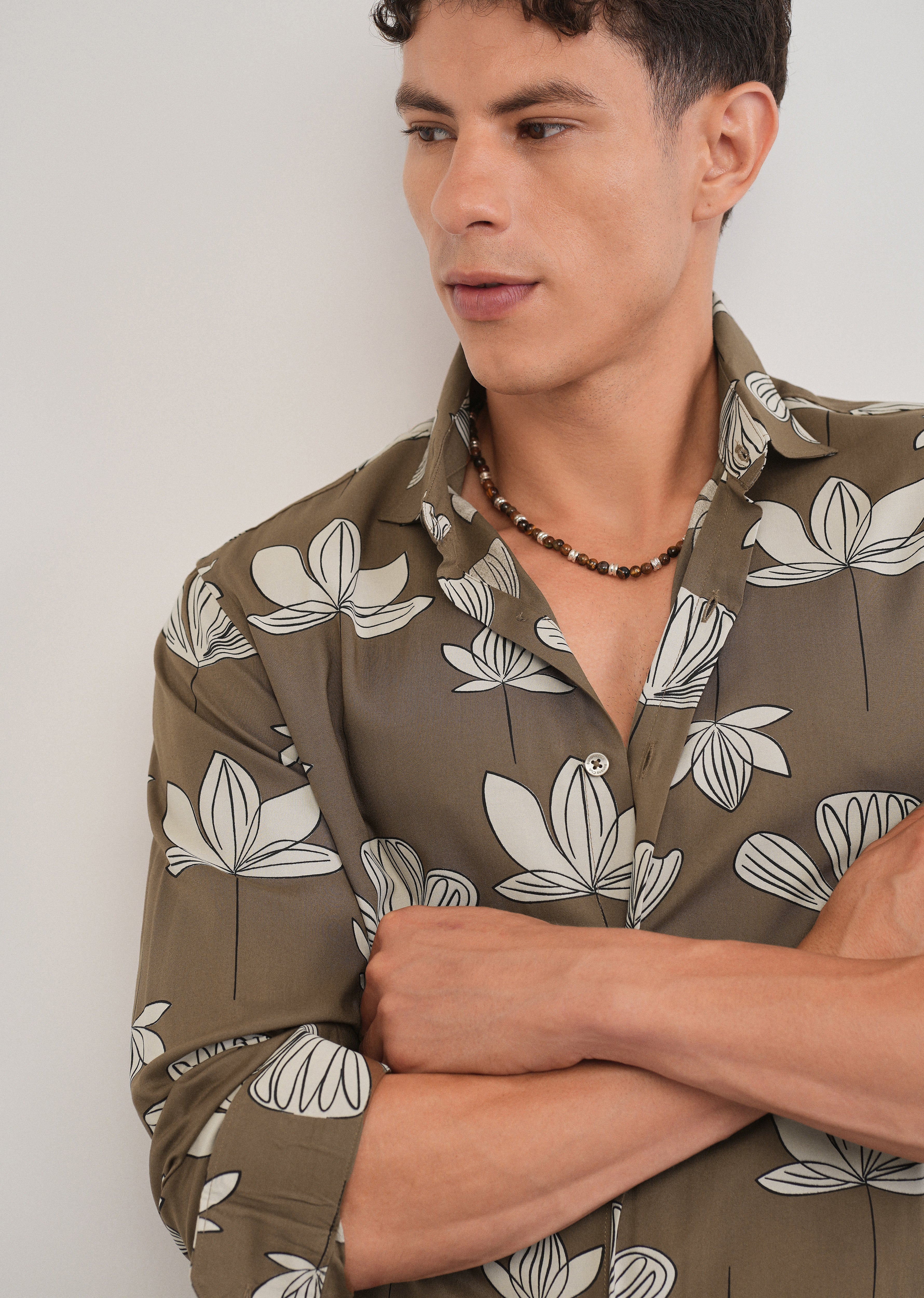 Brown Stylized Floral Print Shirt
