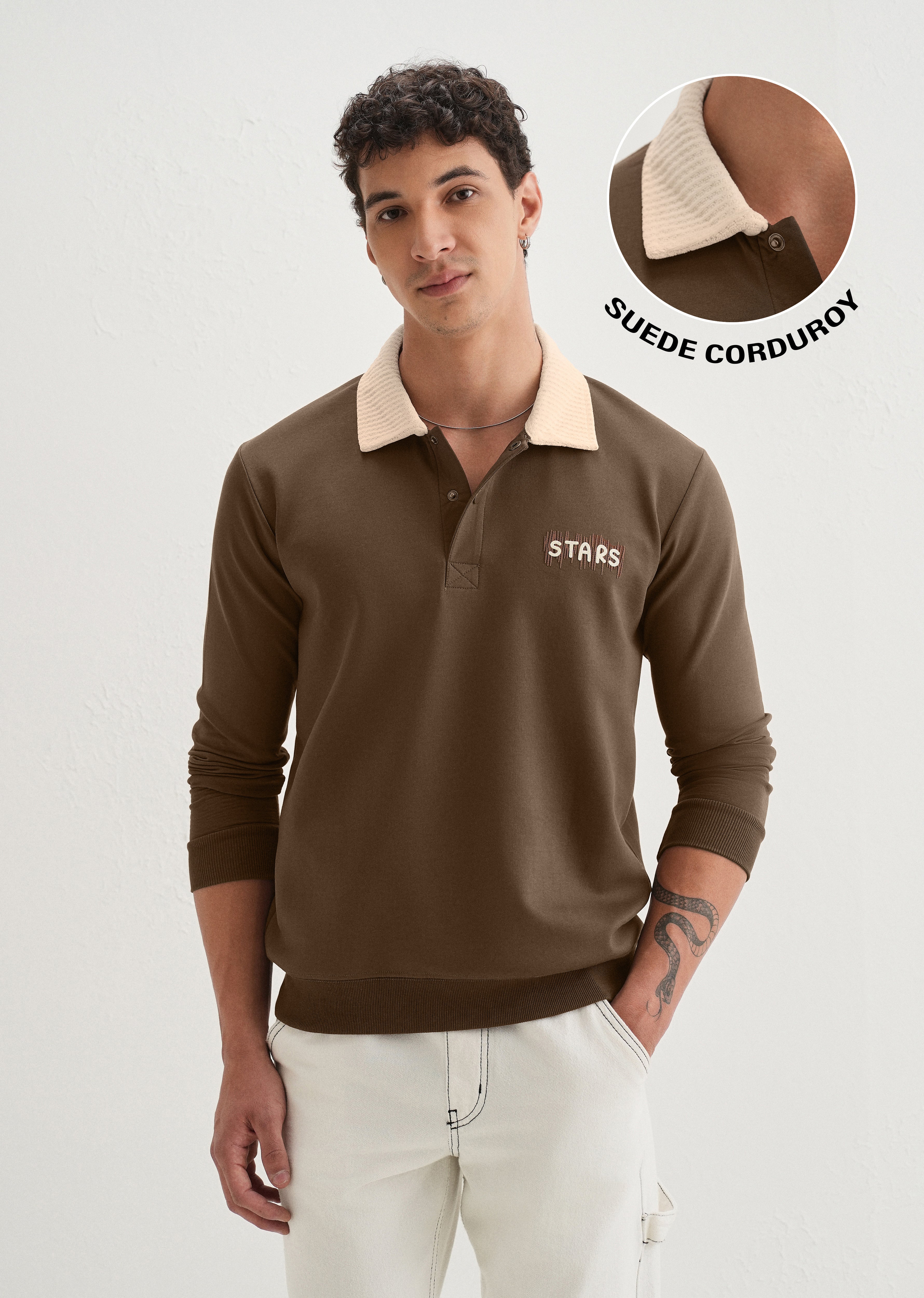 Brown Suede Collared Polo Sweatshirt