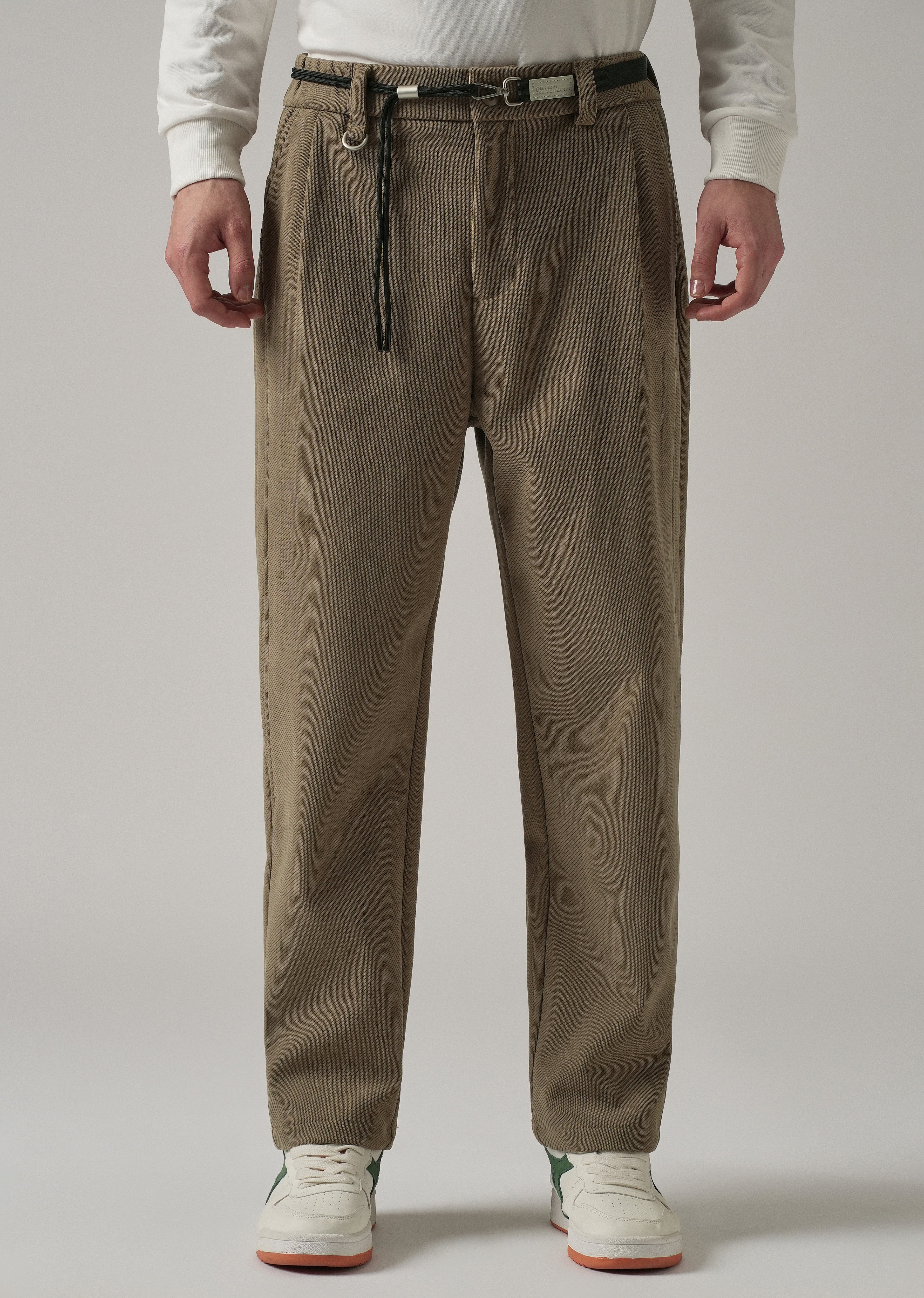 Brown Textured Corduroy Belt Pant