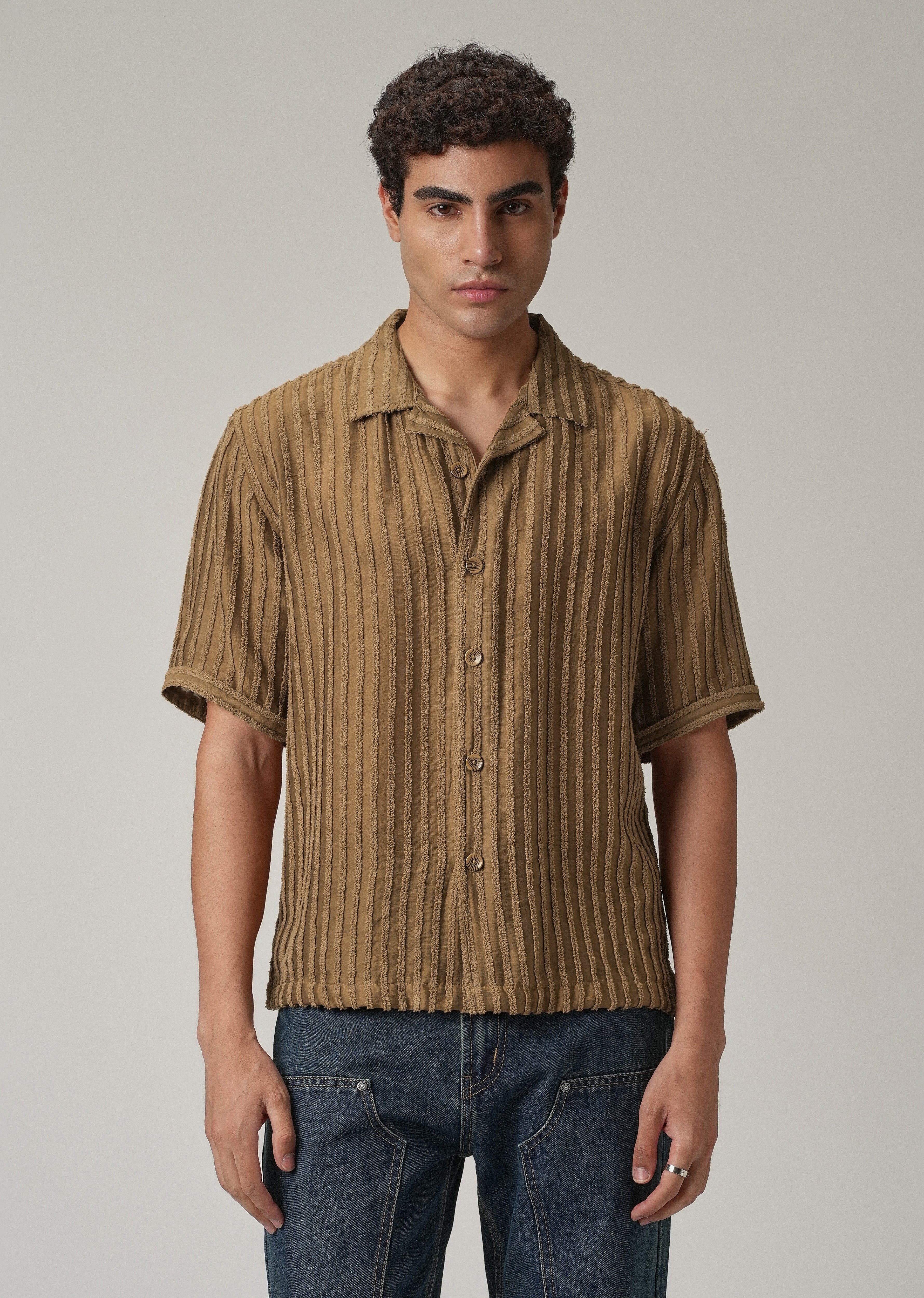 Brown Clip Jacquard Stripe Shirt