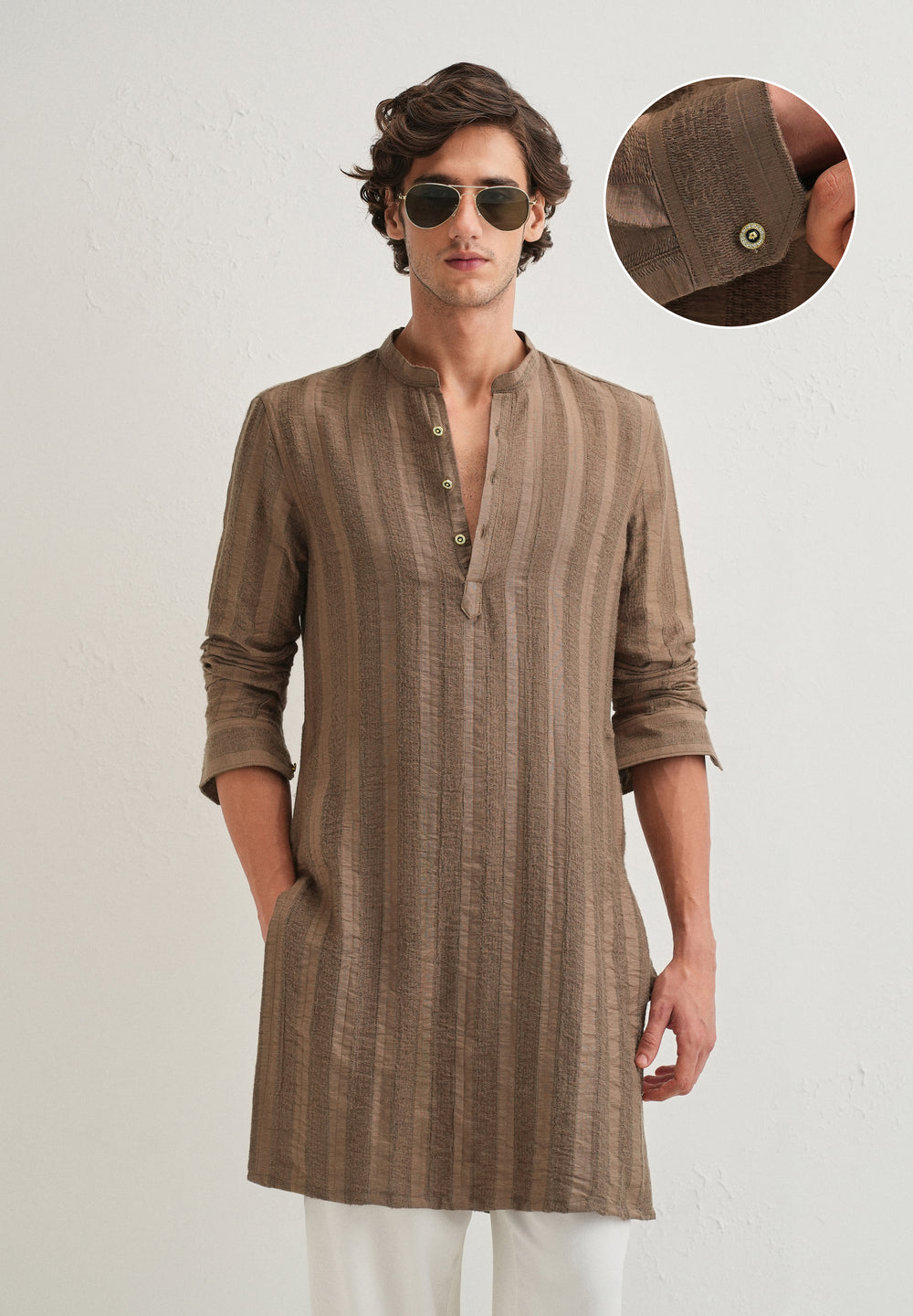 Brown Textured Vertical Stripe Kurta
