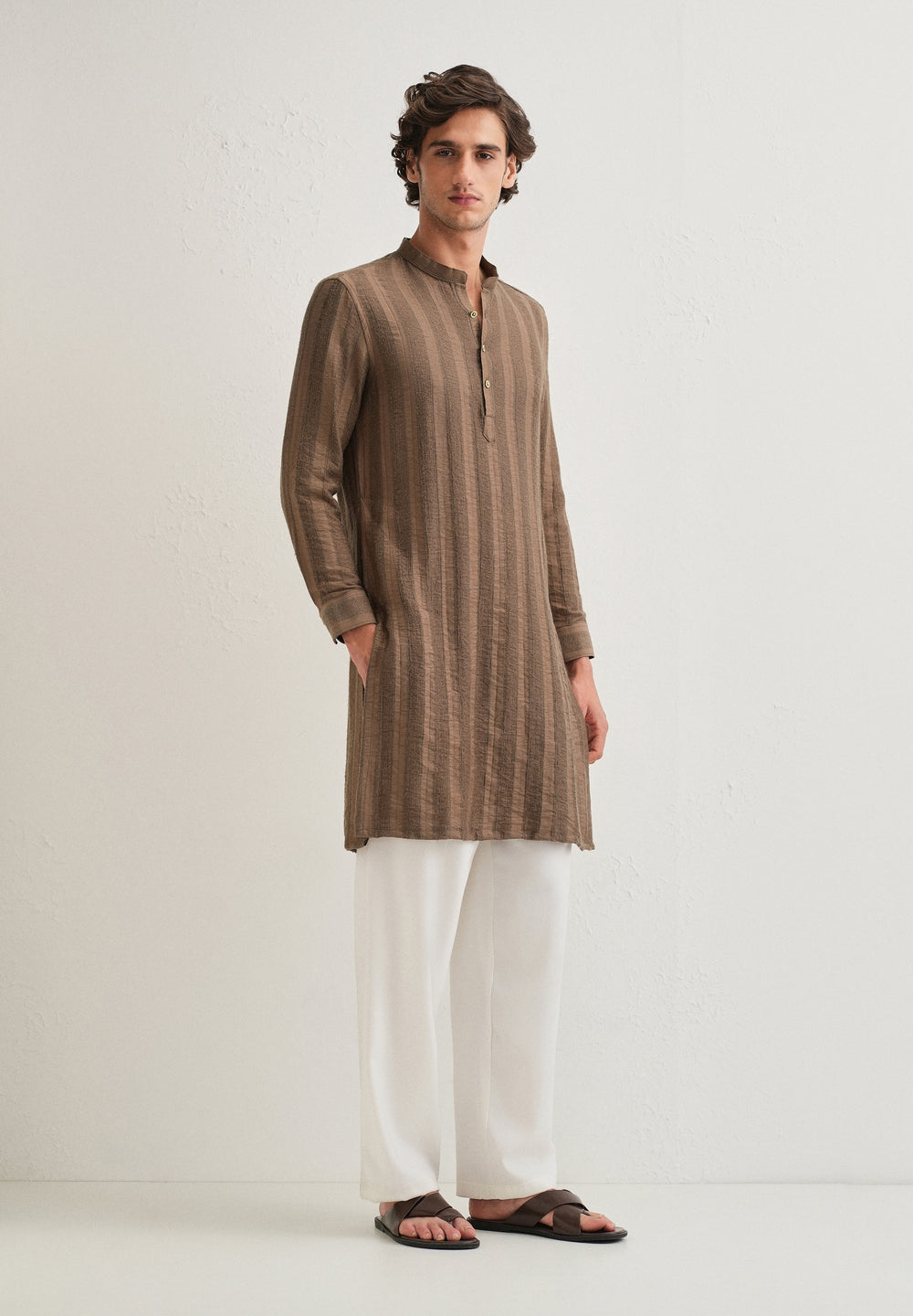 Brown Textured Vertical Stripe Kurta