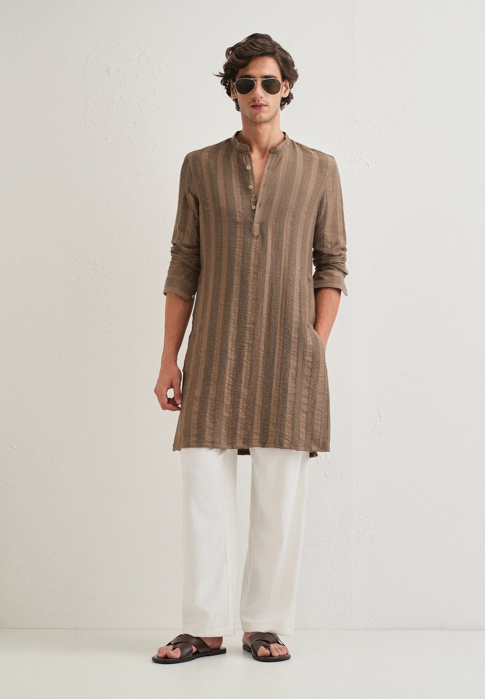 Brown Textured Vertical Stripe Kurta