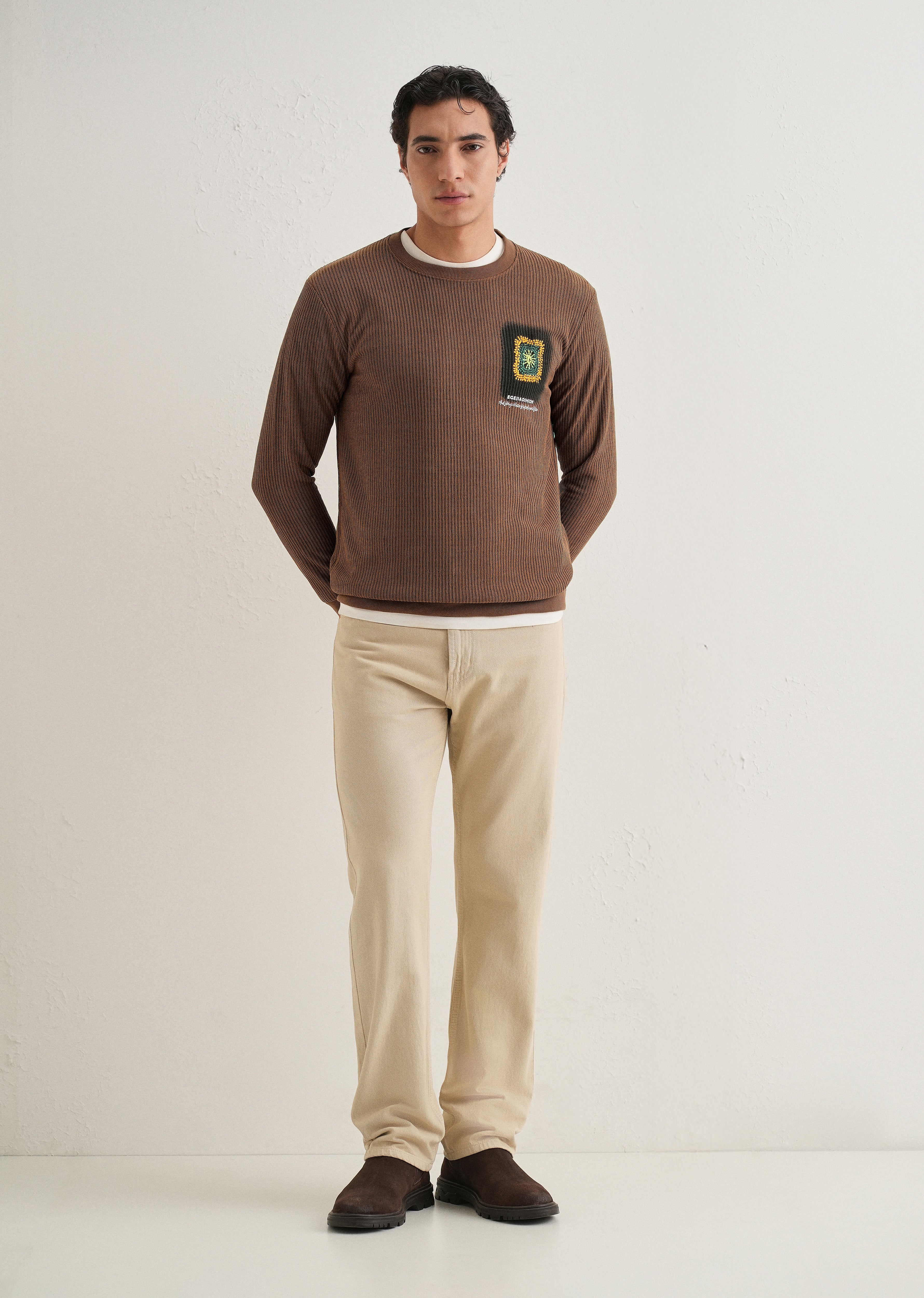 Brown Waffle Knit Embroidered Pullover