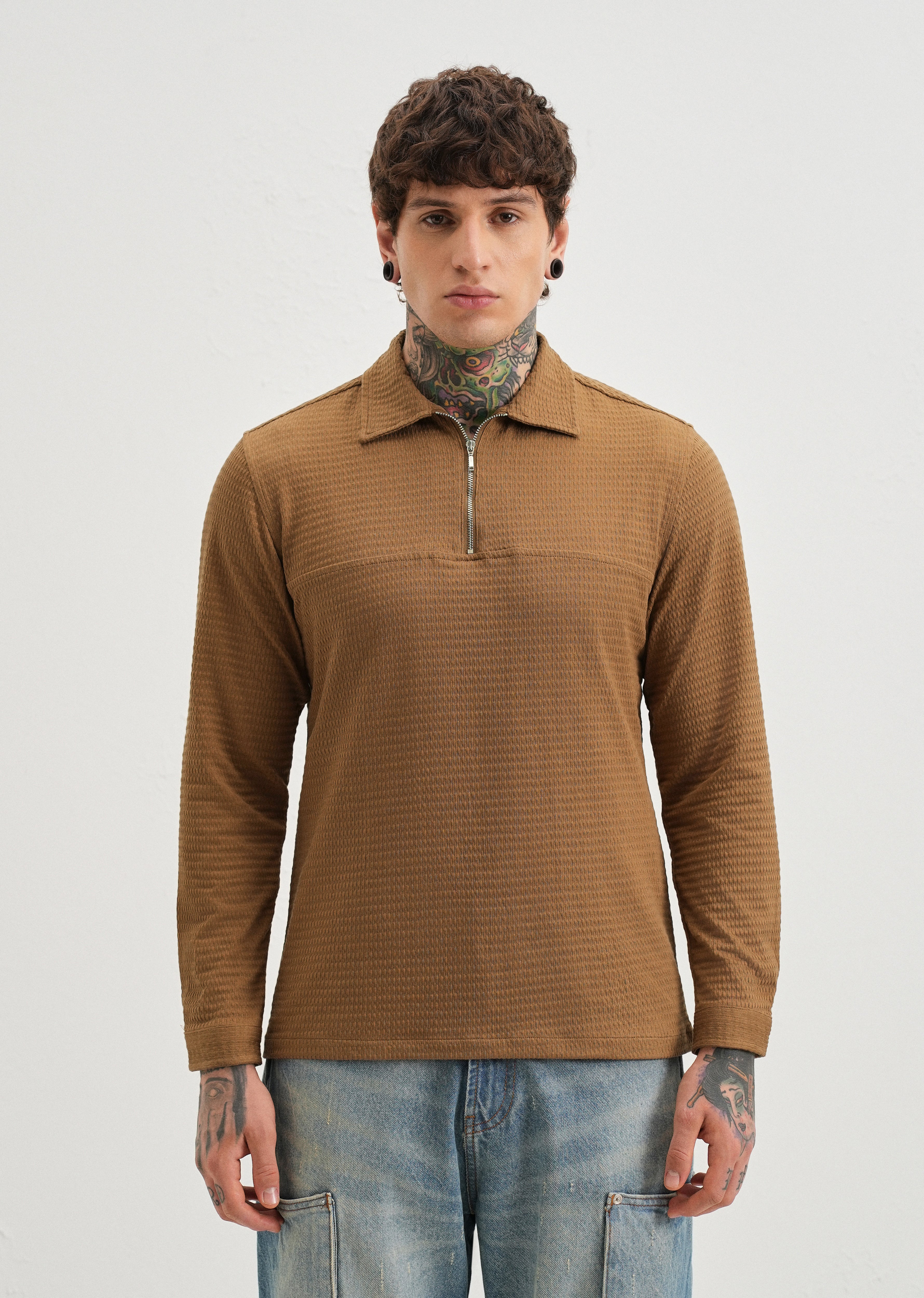 Brown Zipper Polo Knit T-shirt