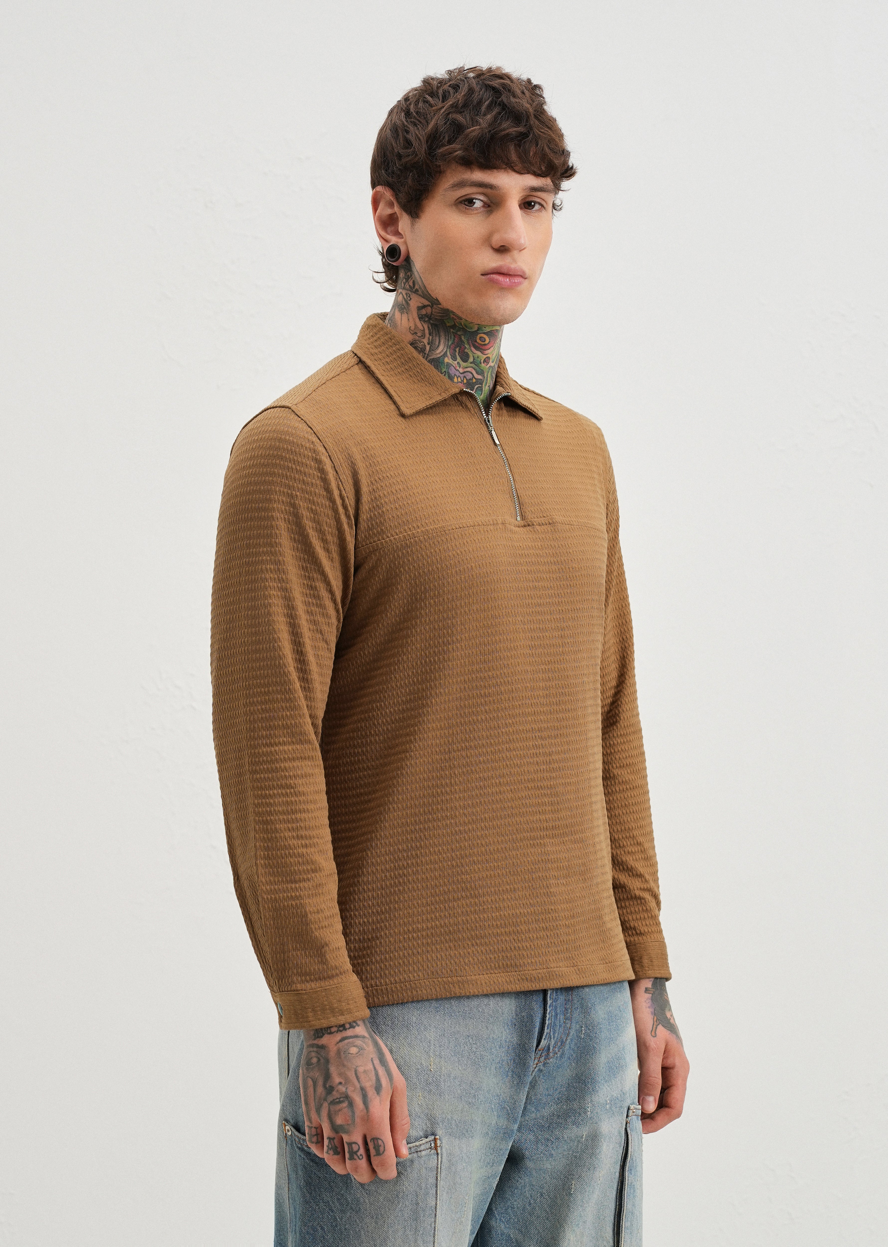 Brown Zipper Polo Knit T-shirt