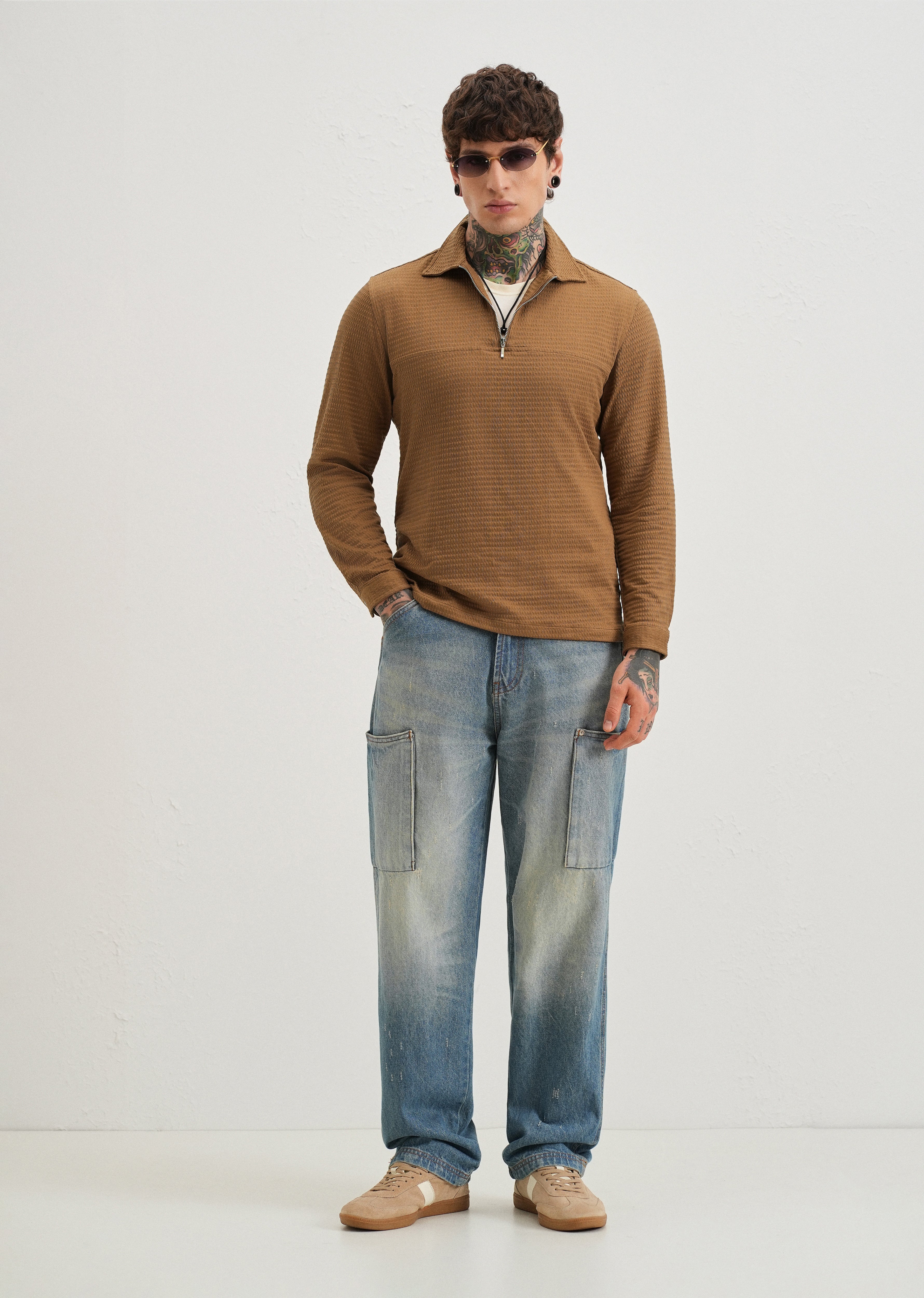 Brown Zipper Polo Knit T-shirt