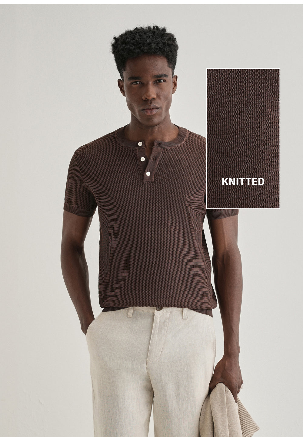 Brown Henley Neck Knitted T-shirt