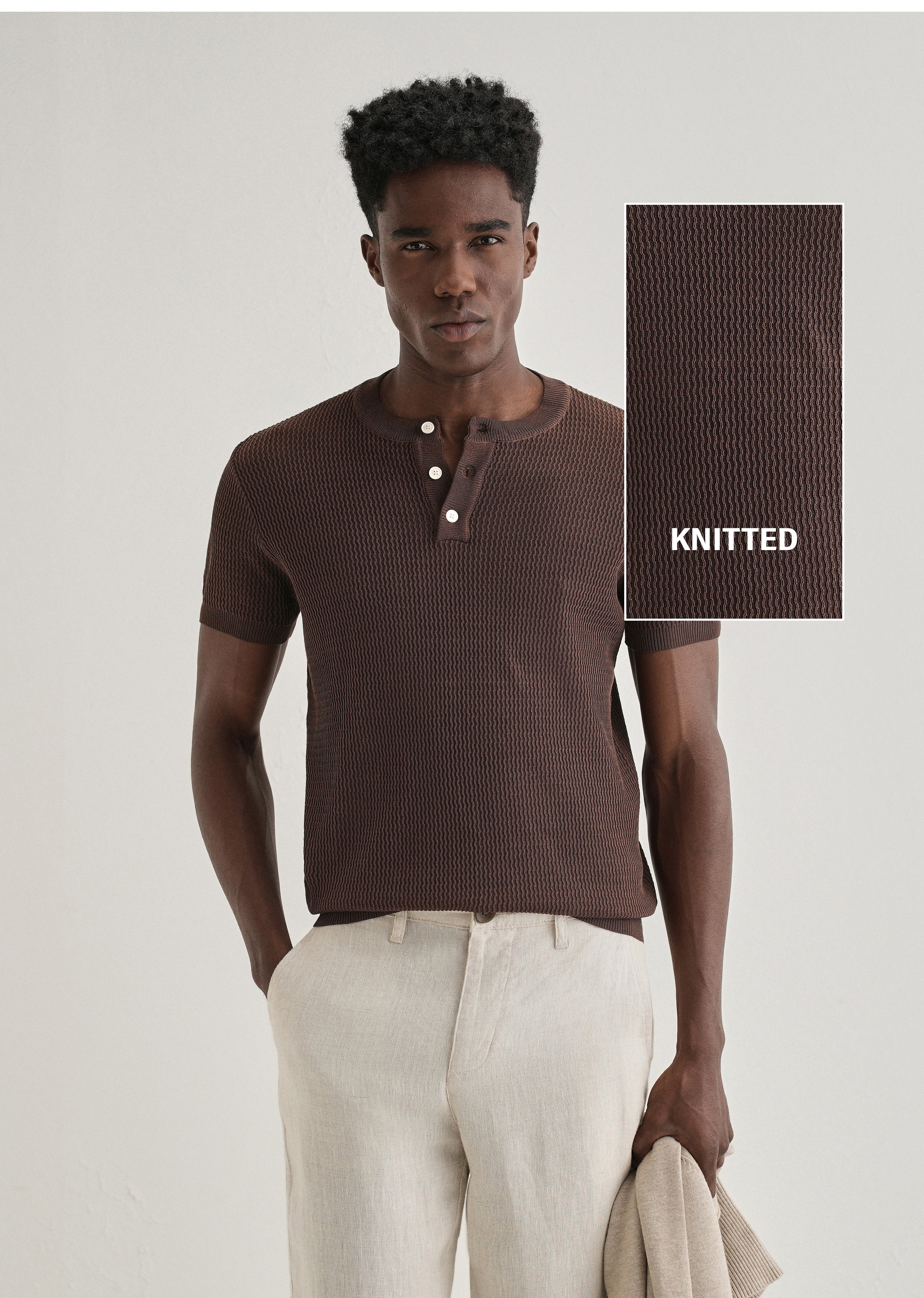 Brown Henley Neck Knitted T-shirt