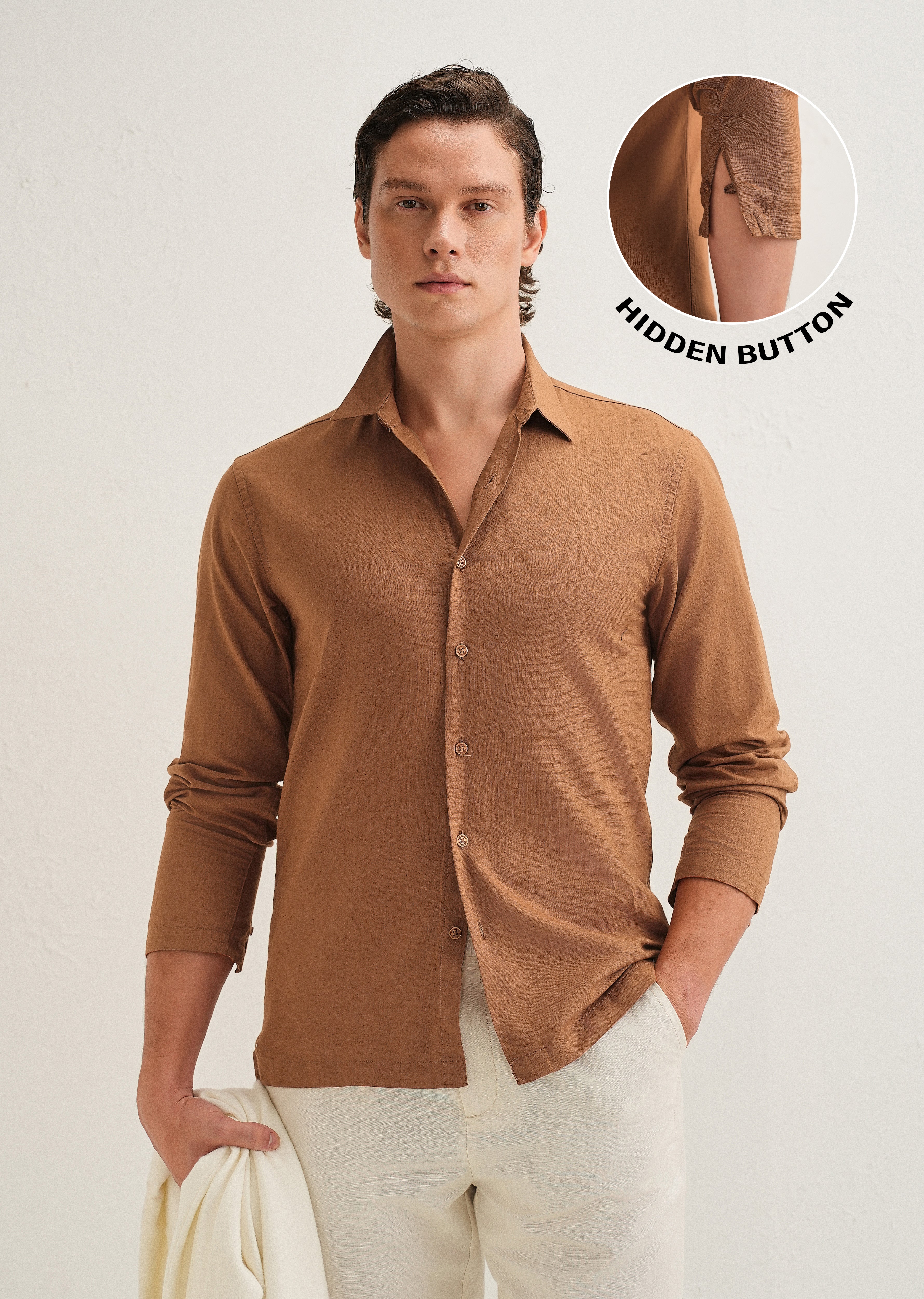 Terracotta Brown Hidden Sleeve Placket Cotton Linen Shirt