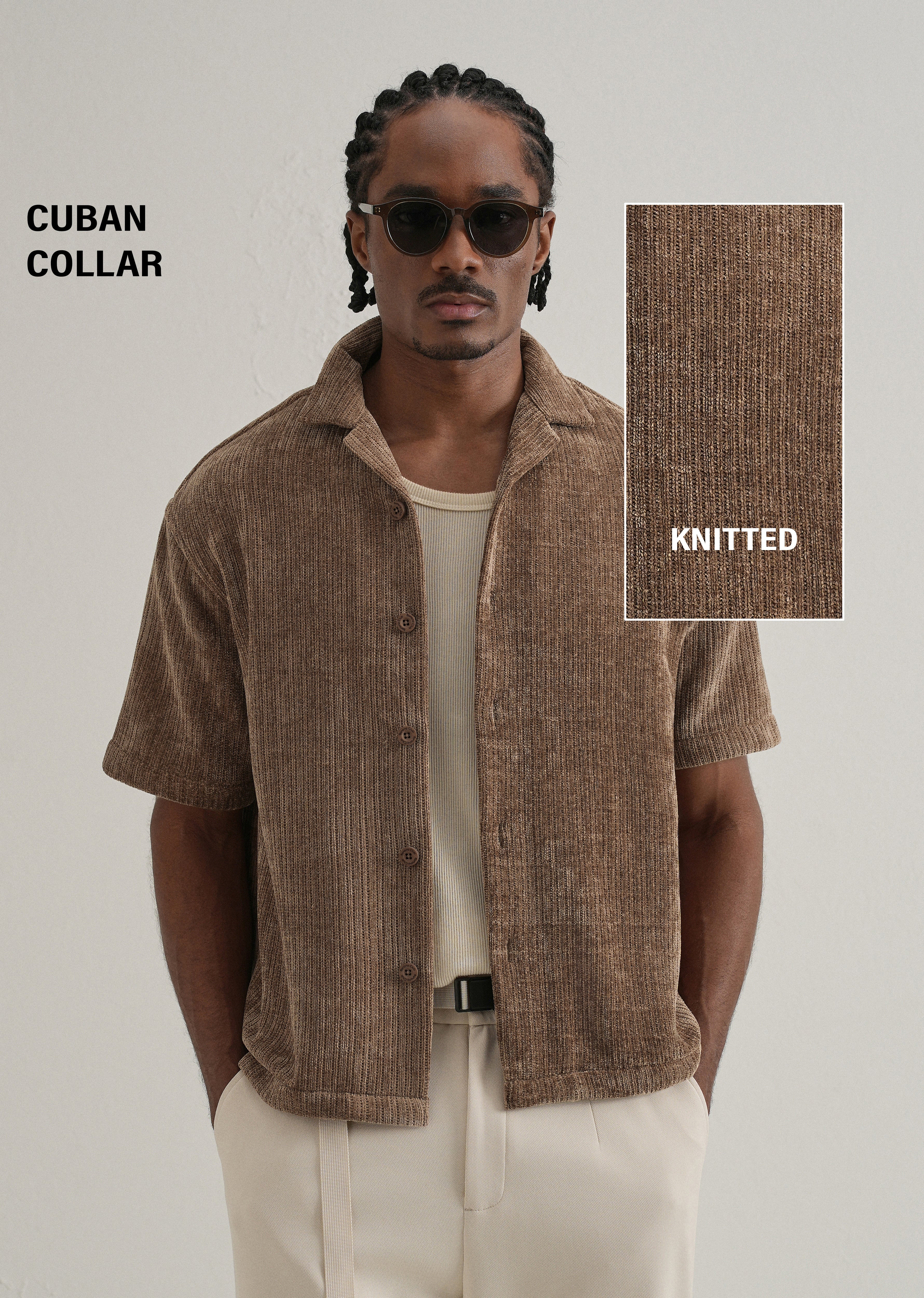 Brown Suede Knit Cuban Collar Shirt