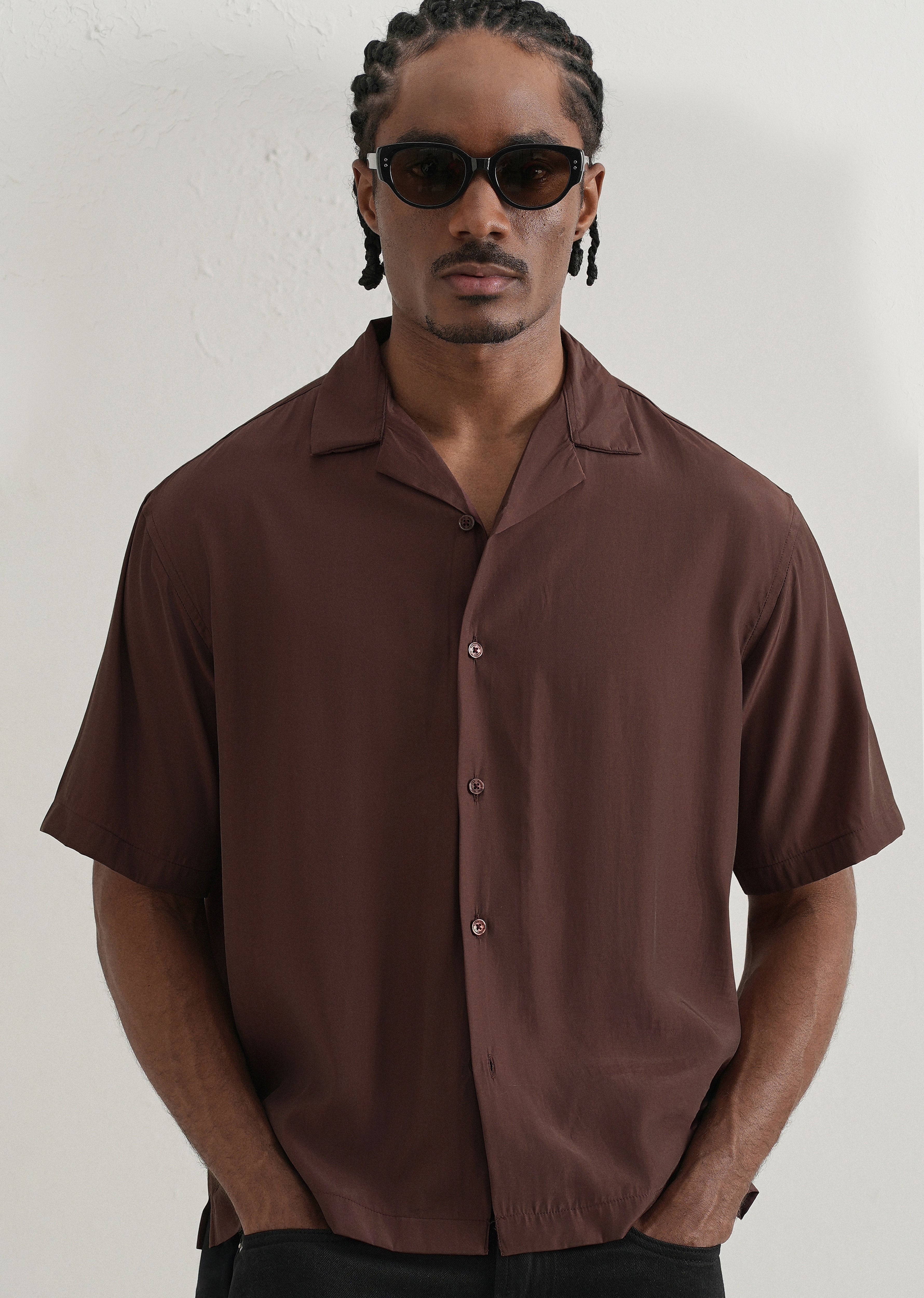 Brown Plain Sheen Cuban Collar Shirt