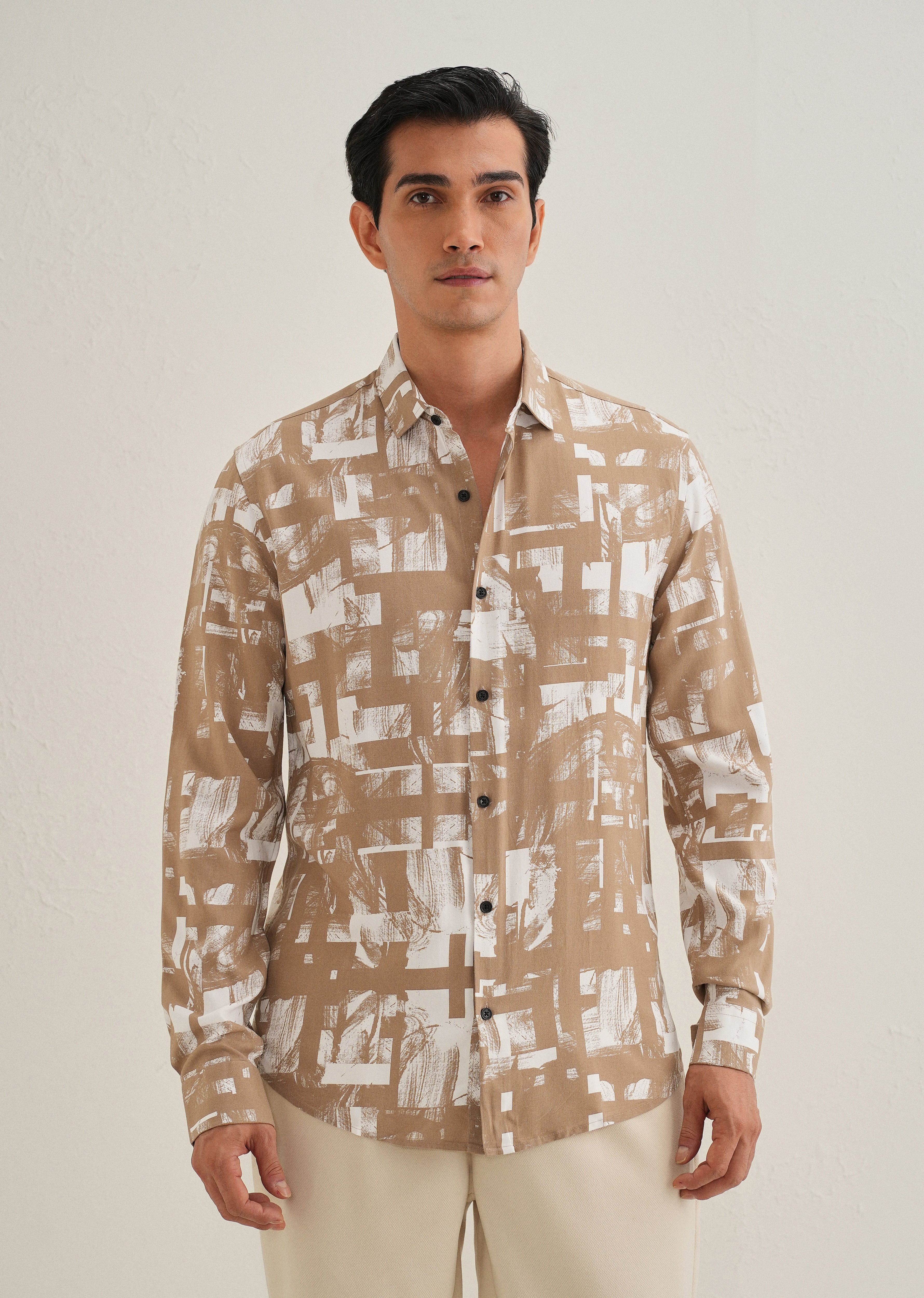 Brown White Abstract Printed Shirt
