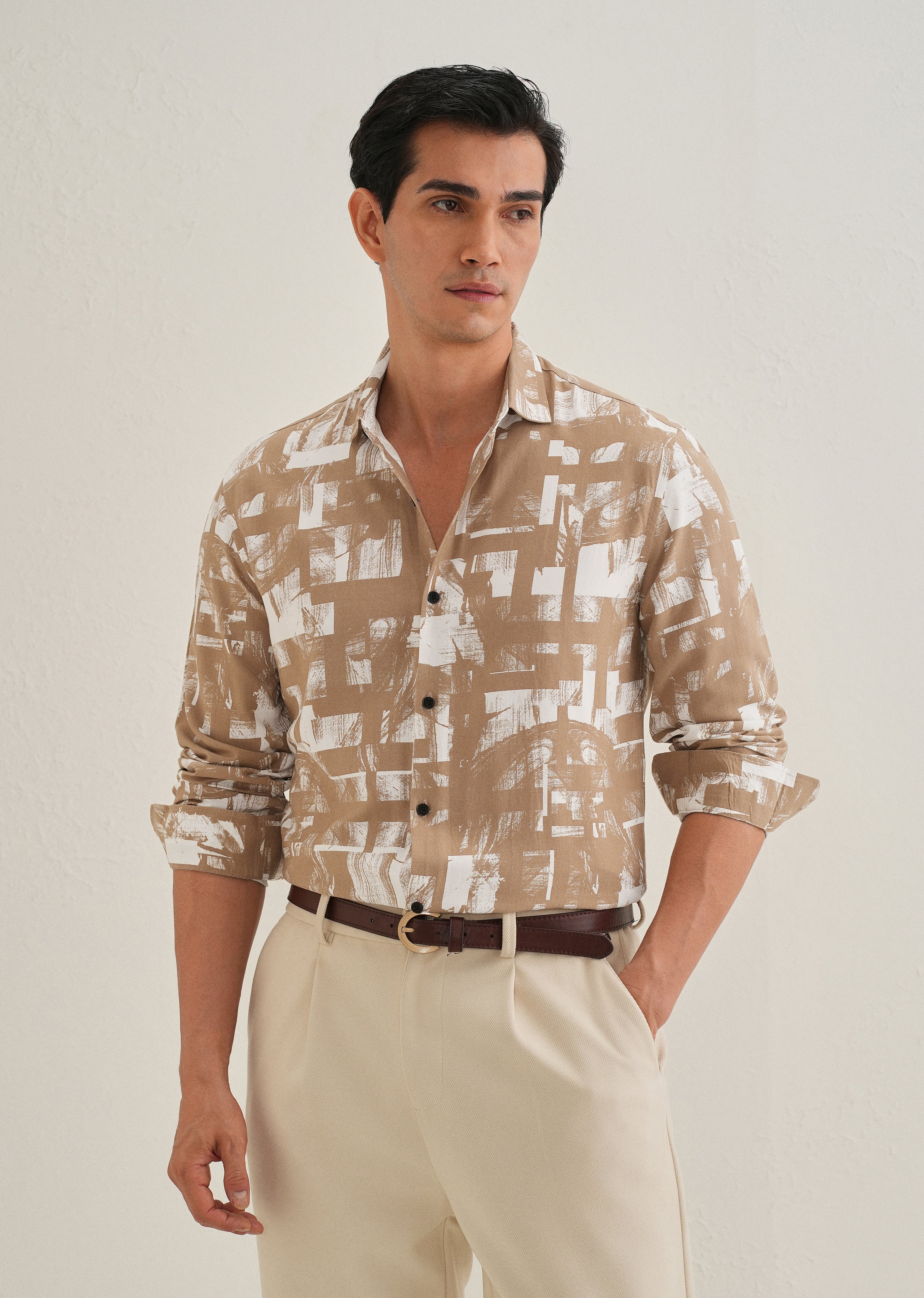 Brown White Abstract Printed Shirt