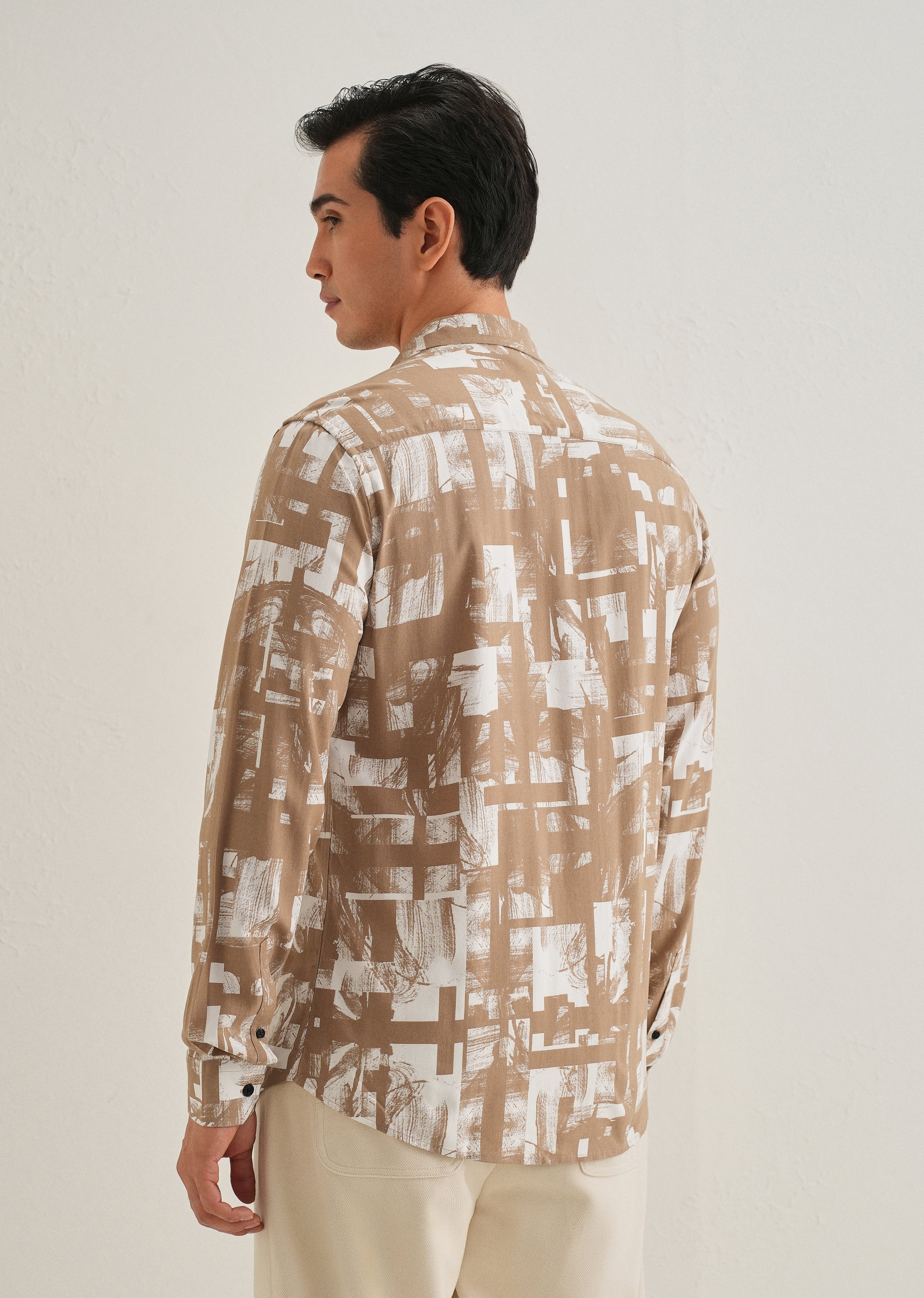 Brown White Abstract Printed Shirt