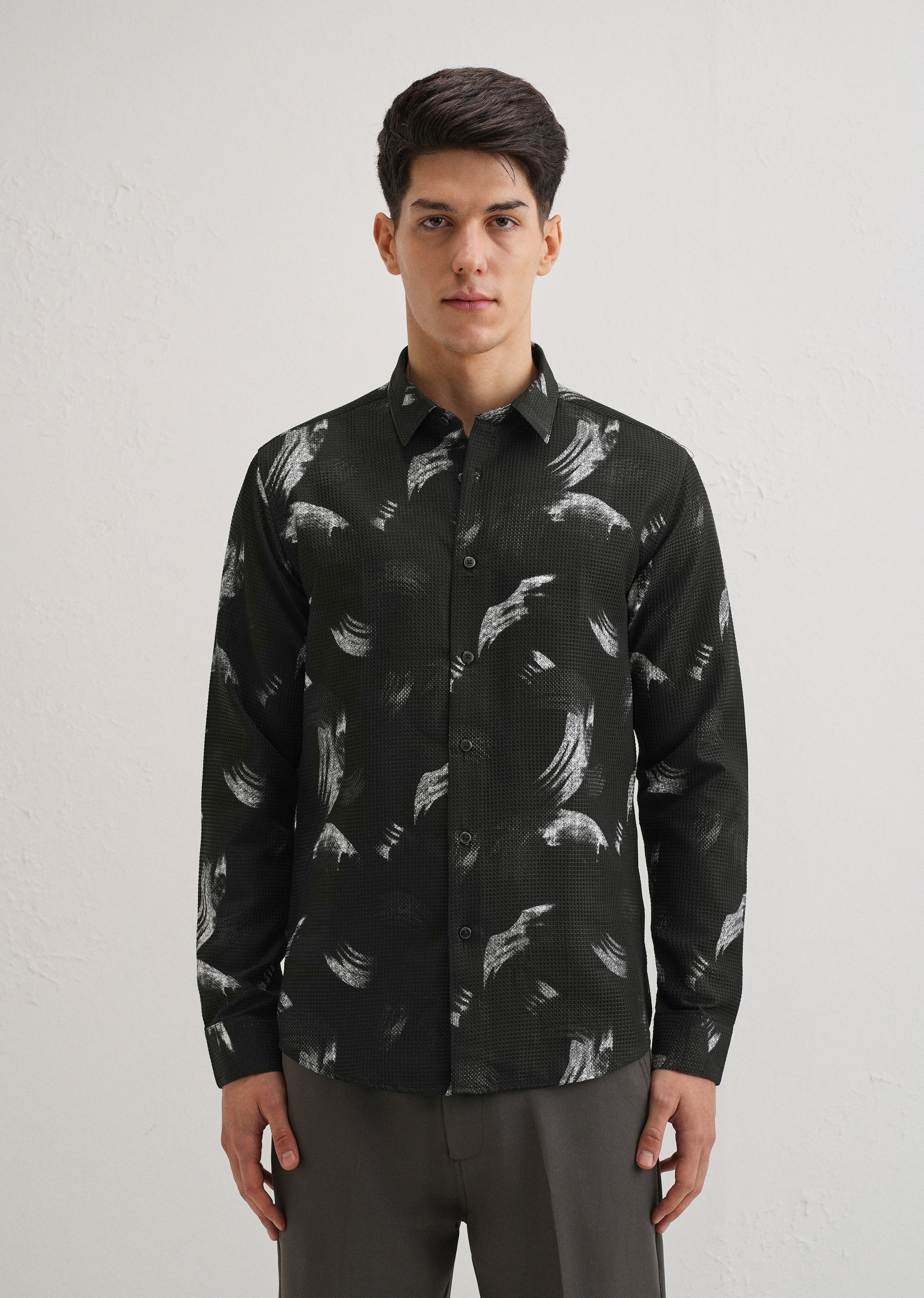 Brush Stroke Waffle Dobby Black Shirt