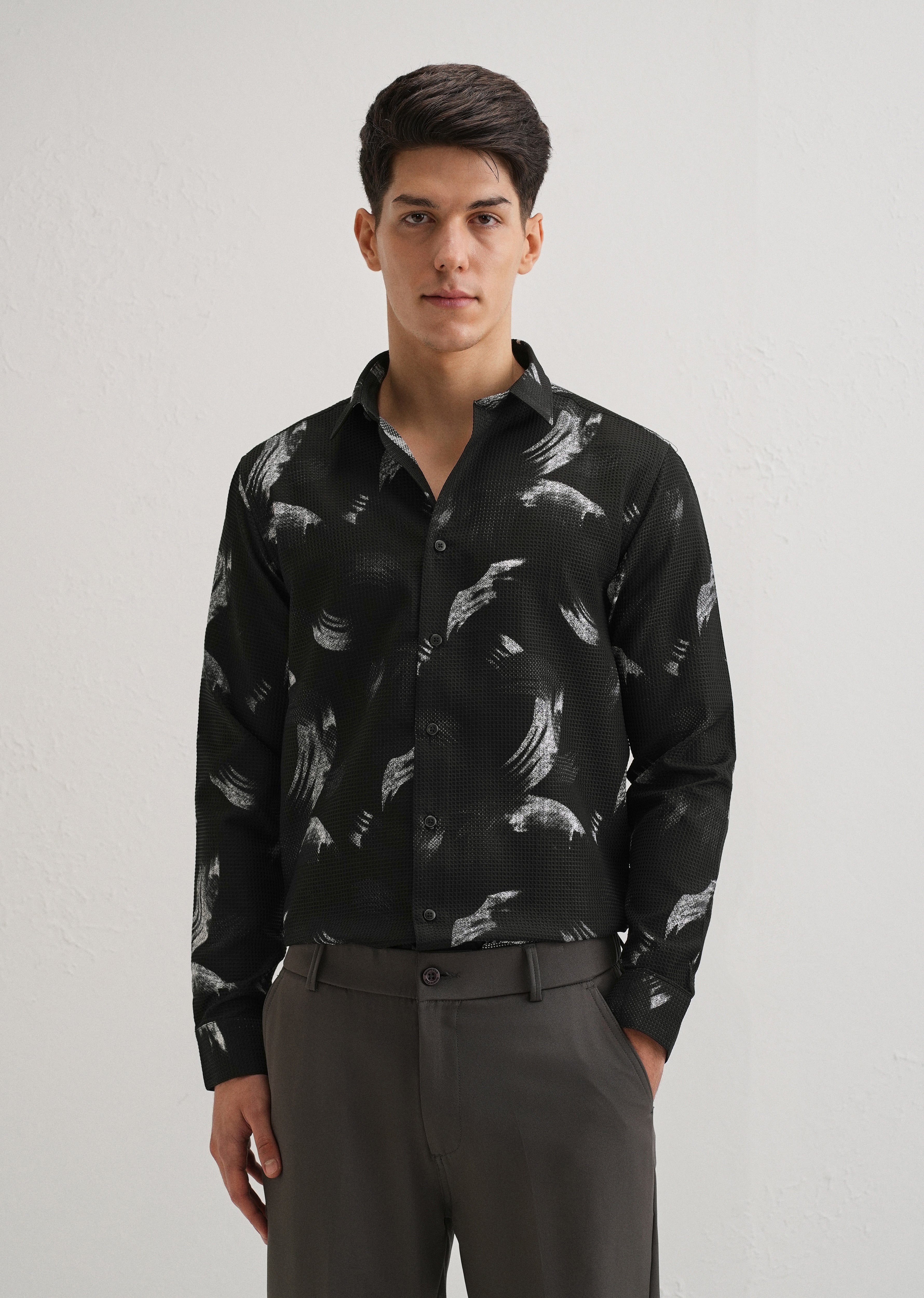 Brush Stroke Waffle Dobby Black Shirt