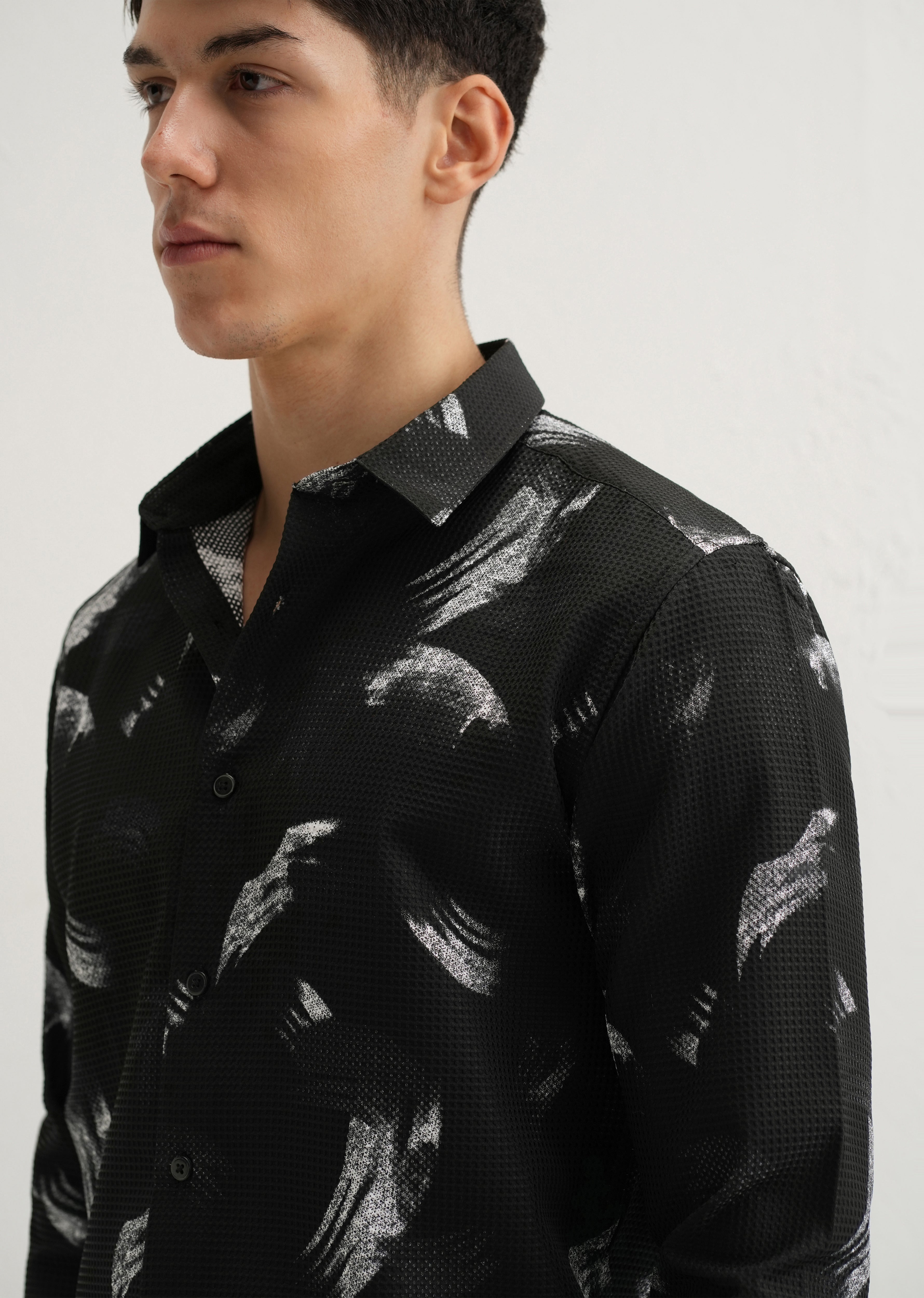 Brush Stroke Waffle Dobby Black Shirt