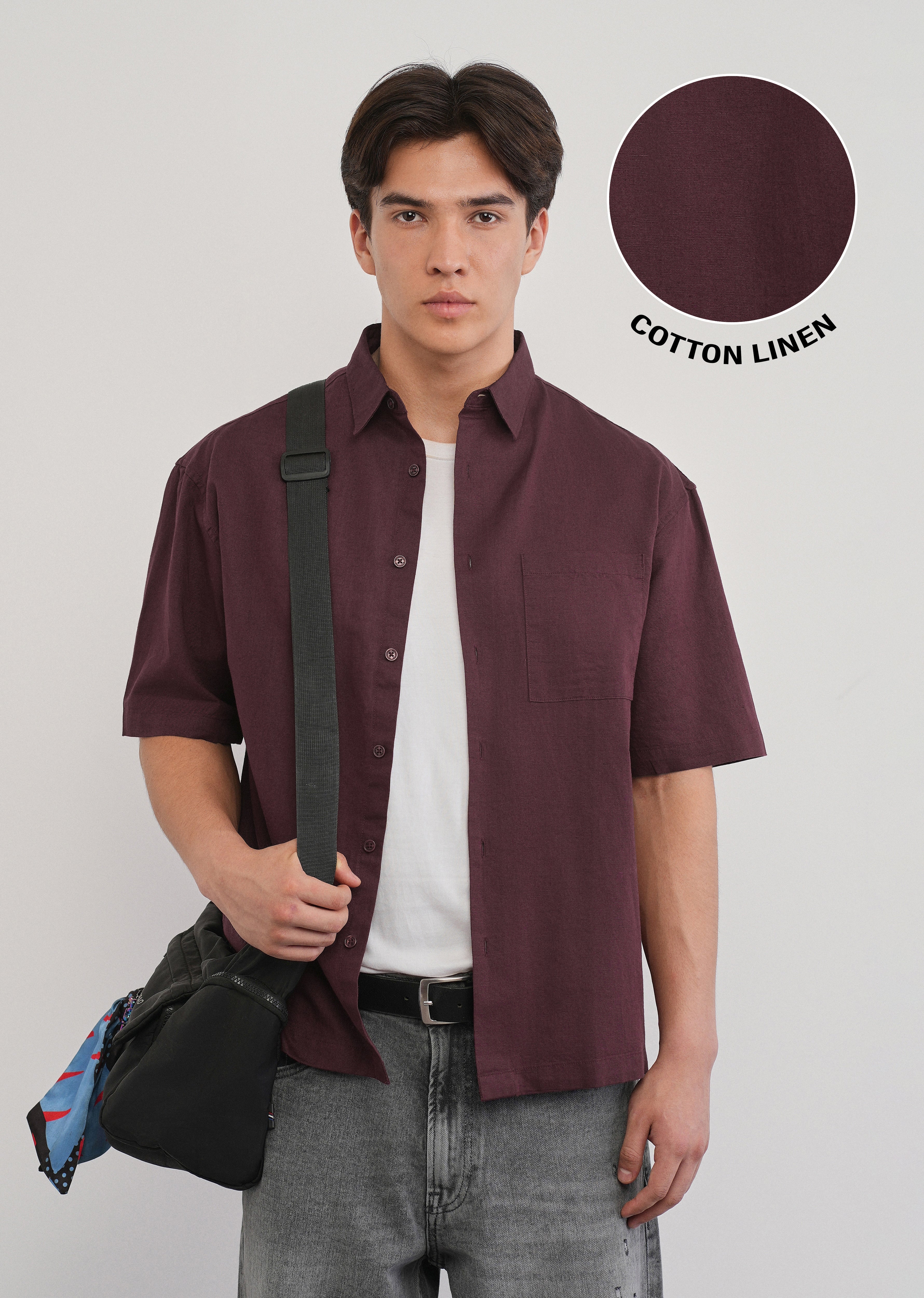 Burgundy Cotton Linen Half Sleeve Shirt