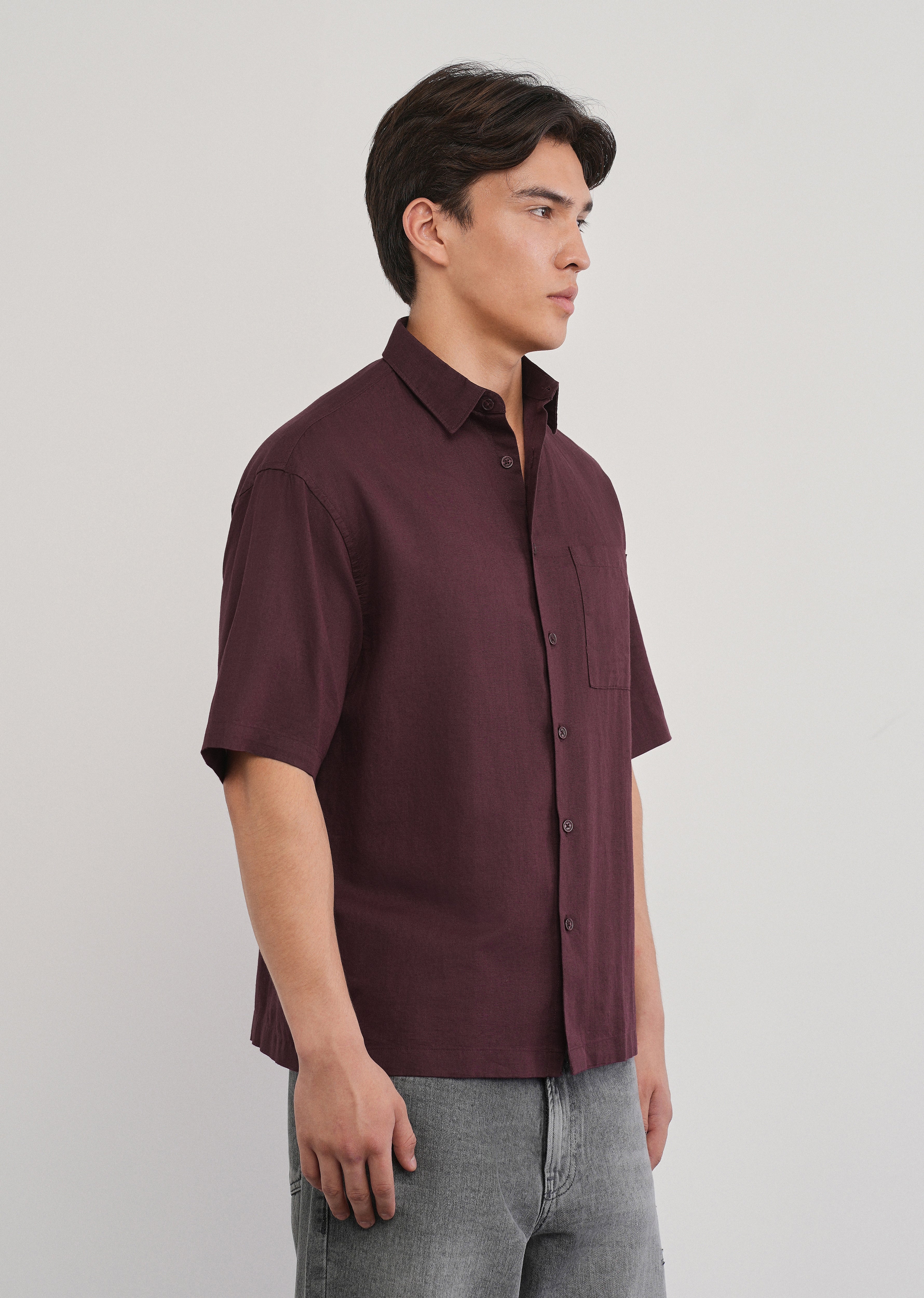 Burgundy Cotton Linen Half Sleeve Shirt
