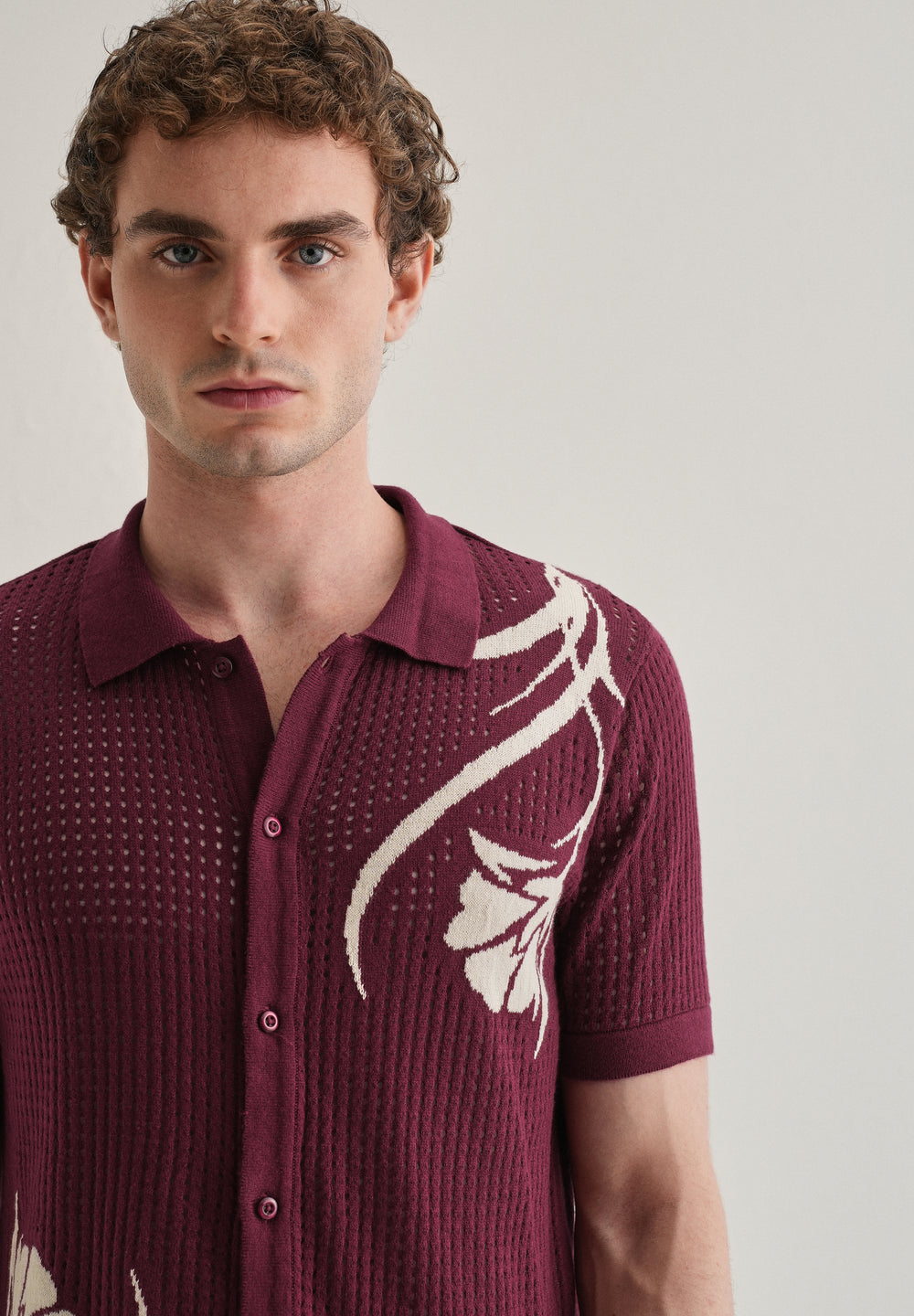 Burgundy Floral Open Knit Shirt