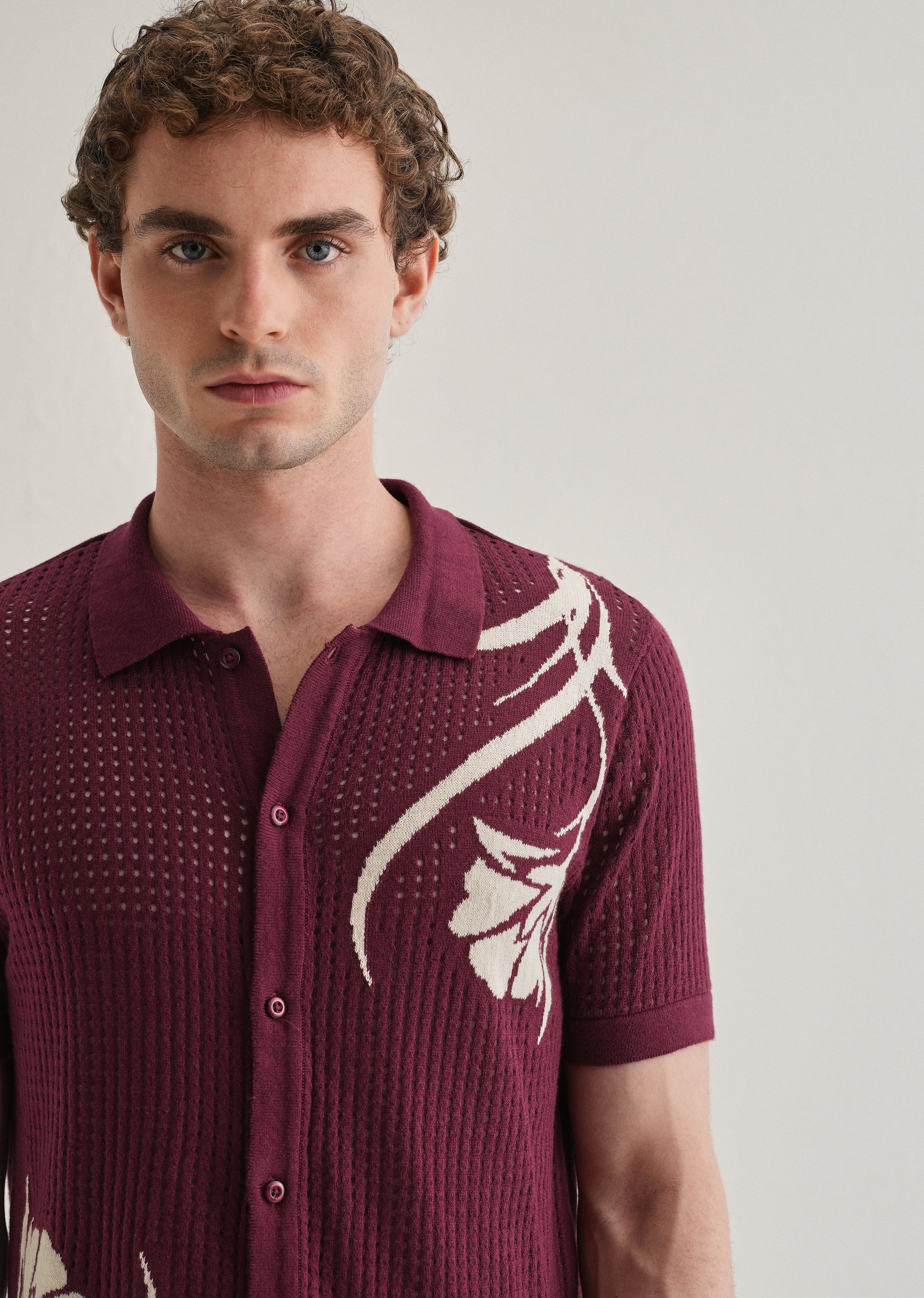Burgundy Floral Open Knit Shirt