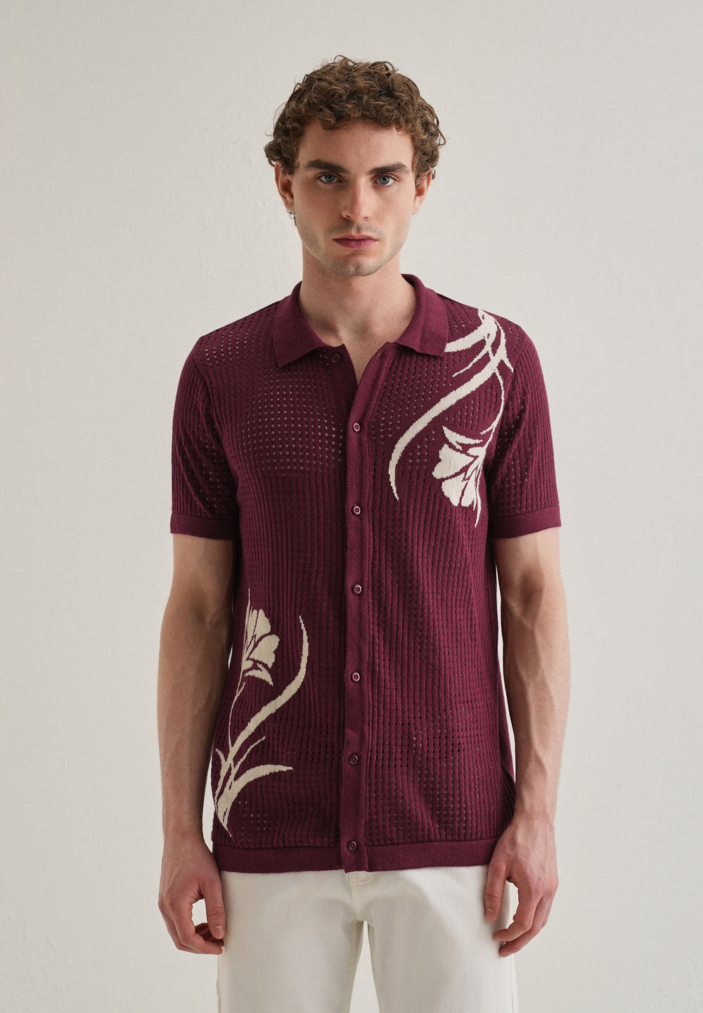 Burgundy Floral Open Knit Shirt