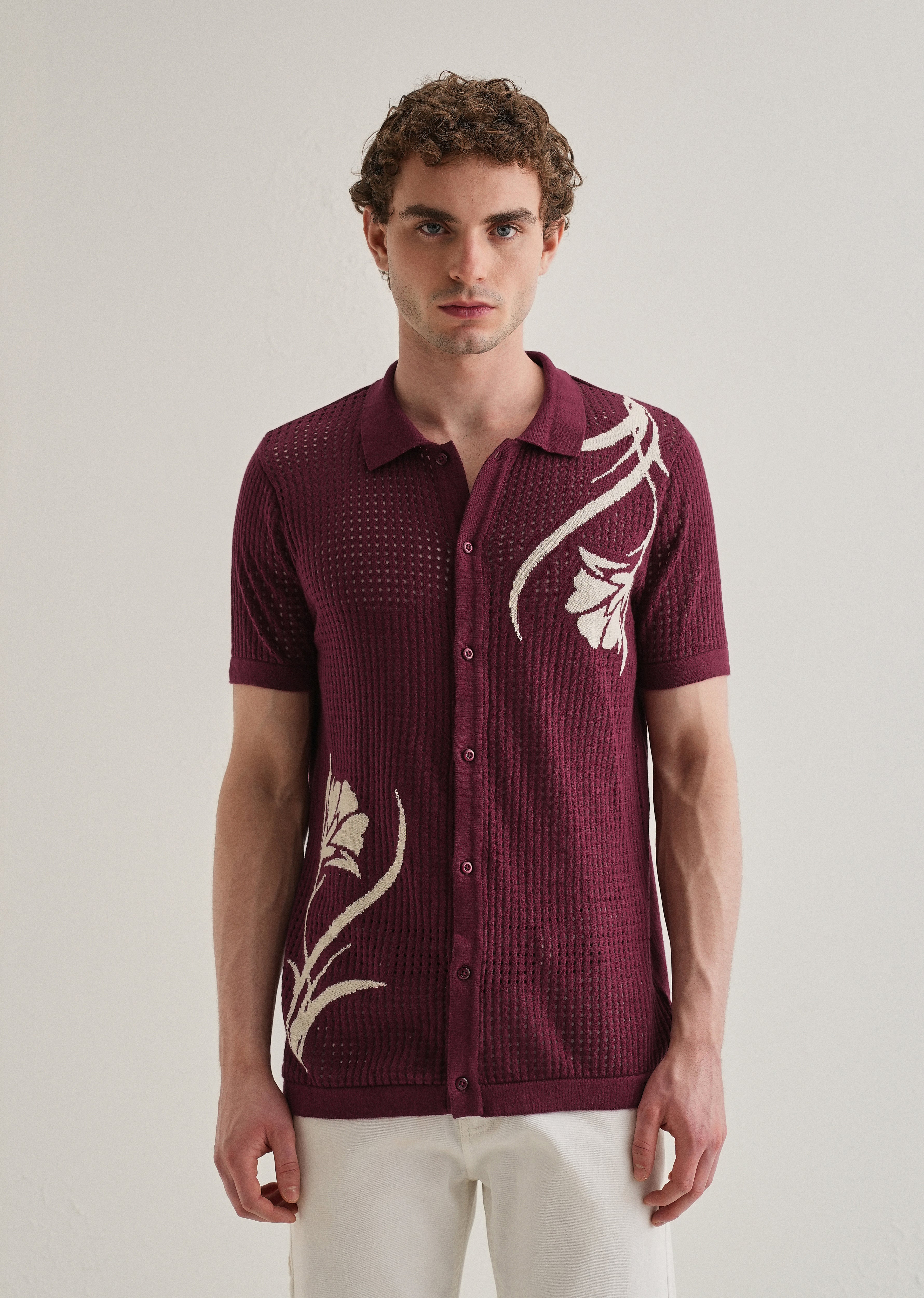 Burgundy Floral Open Knit Shirt