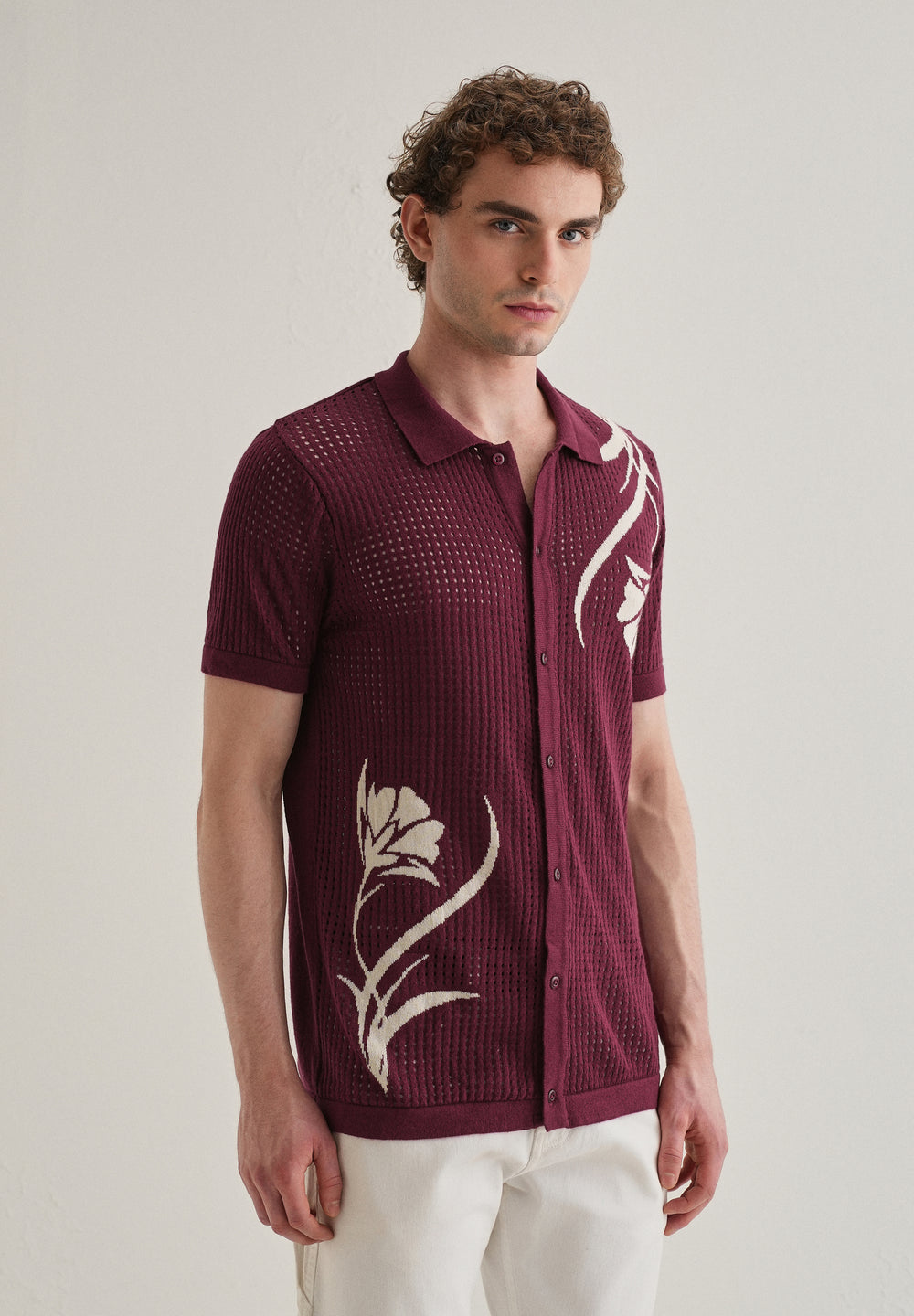 Burgundy Floral Open Knit Shirt