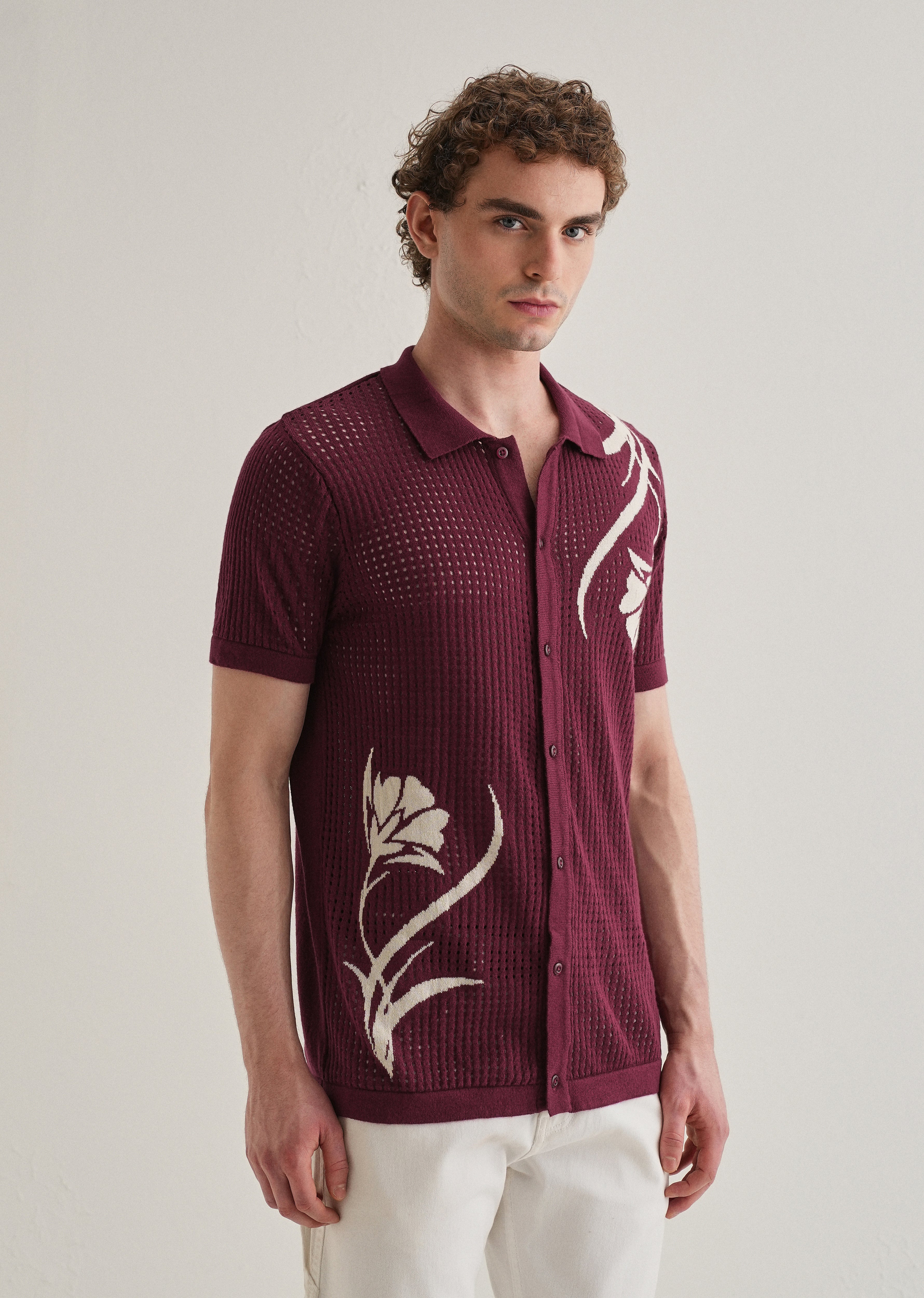 Burgundy Floral Open Knit Shirt