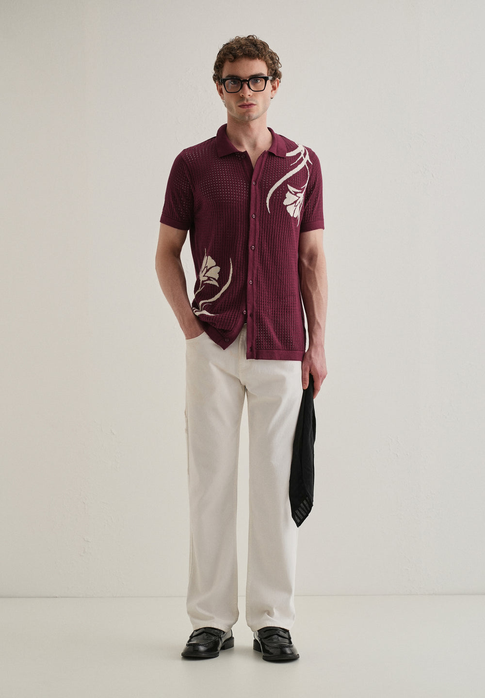 Burgundy Floral Open Knit Shirt