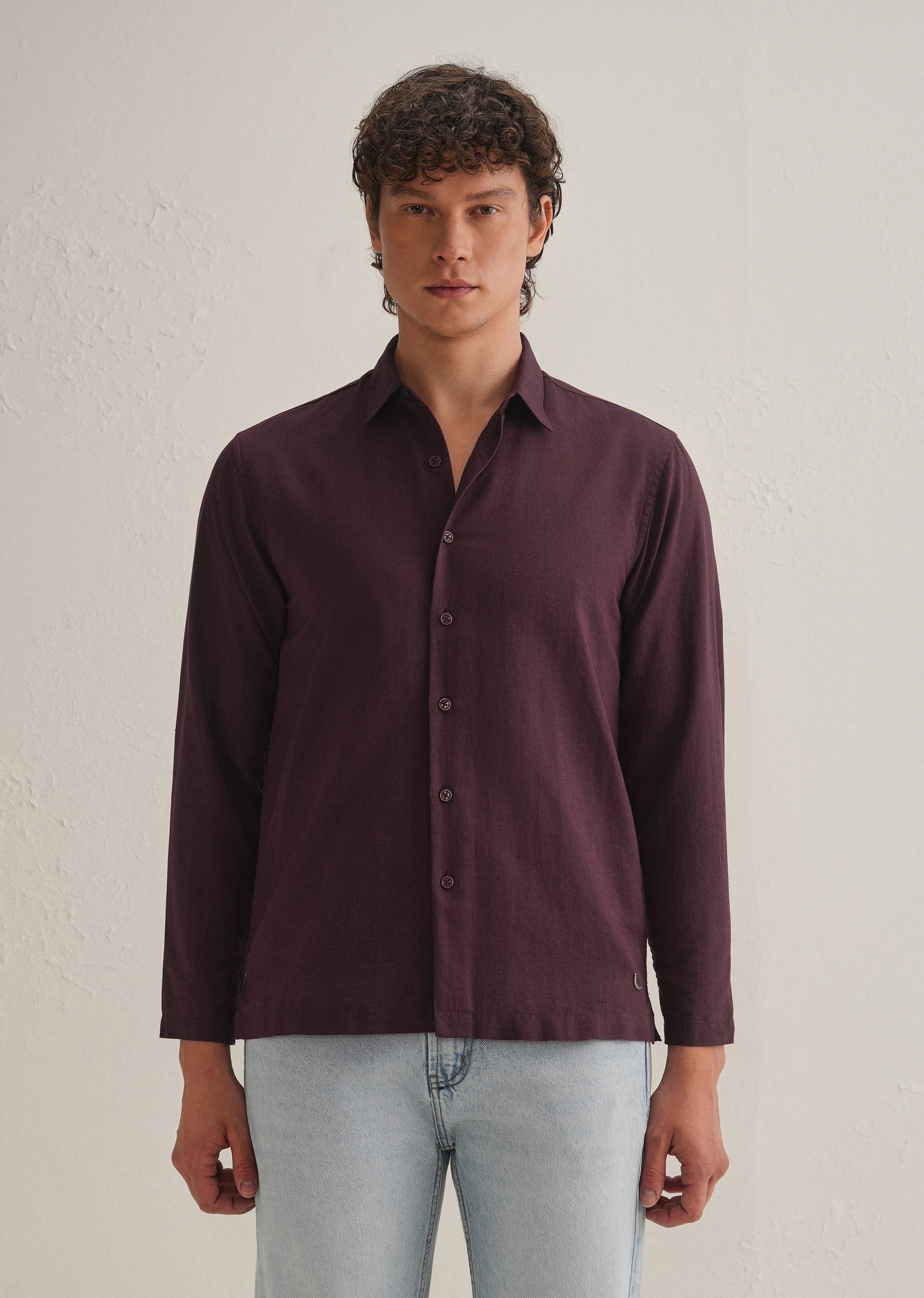 Burgundy Hidden Sleeve Placket Cotton Linen Shirt