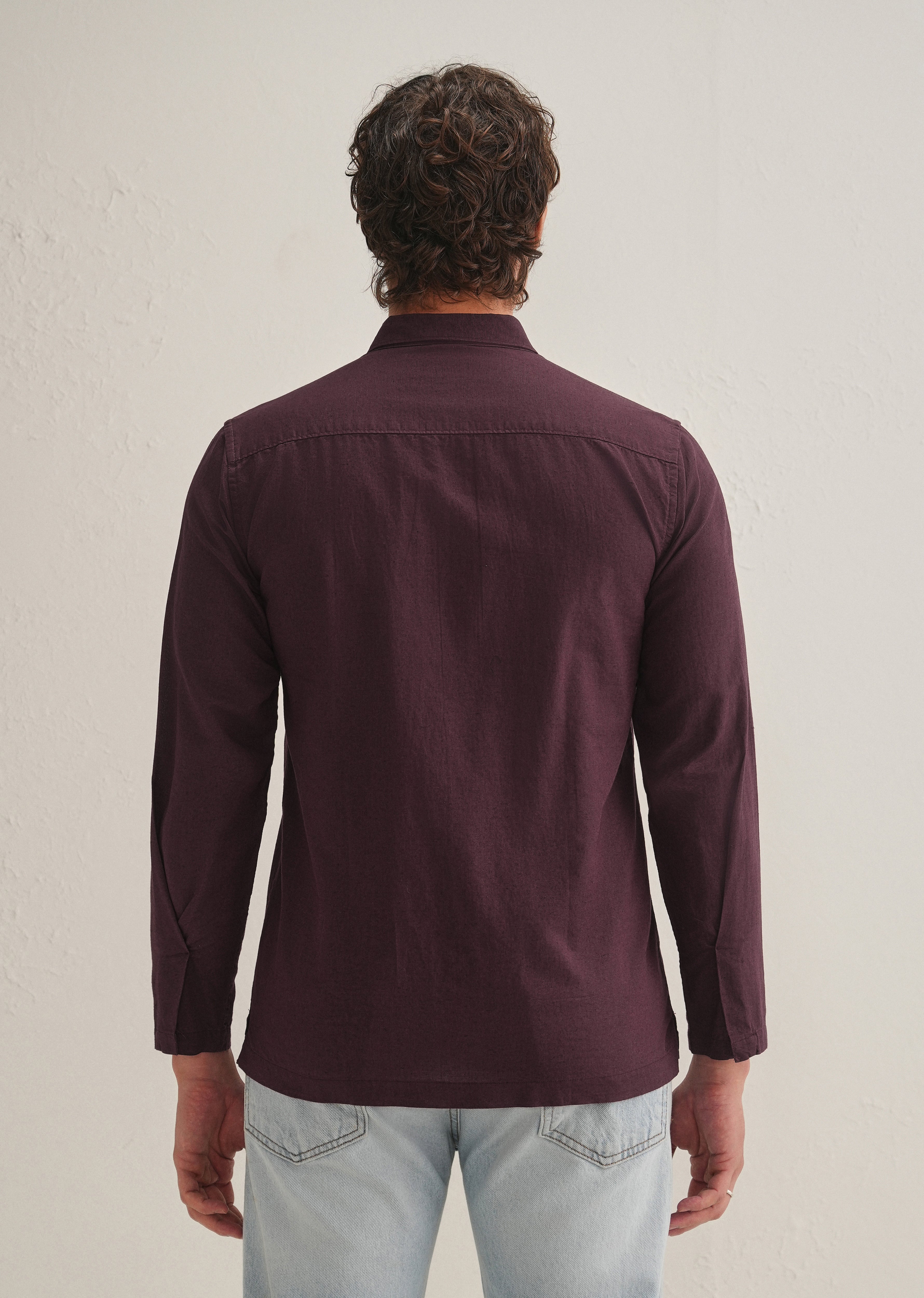 Burgundy Hidden Sleeve Placket Cotton Linen Shirt