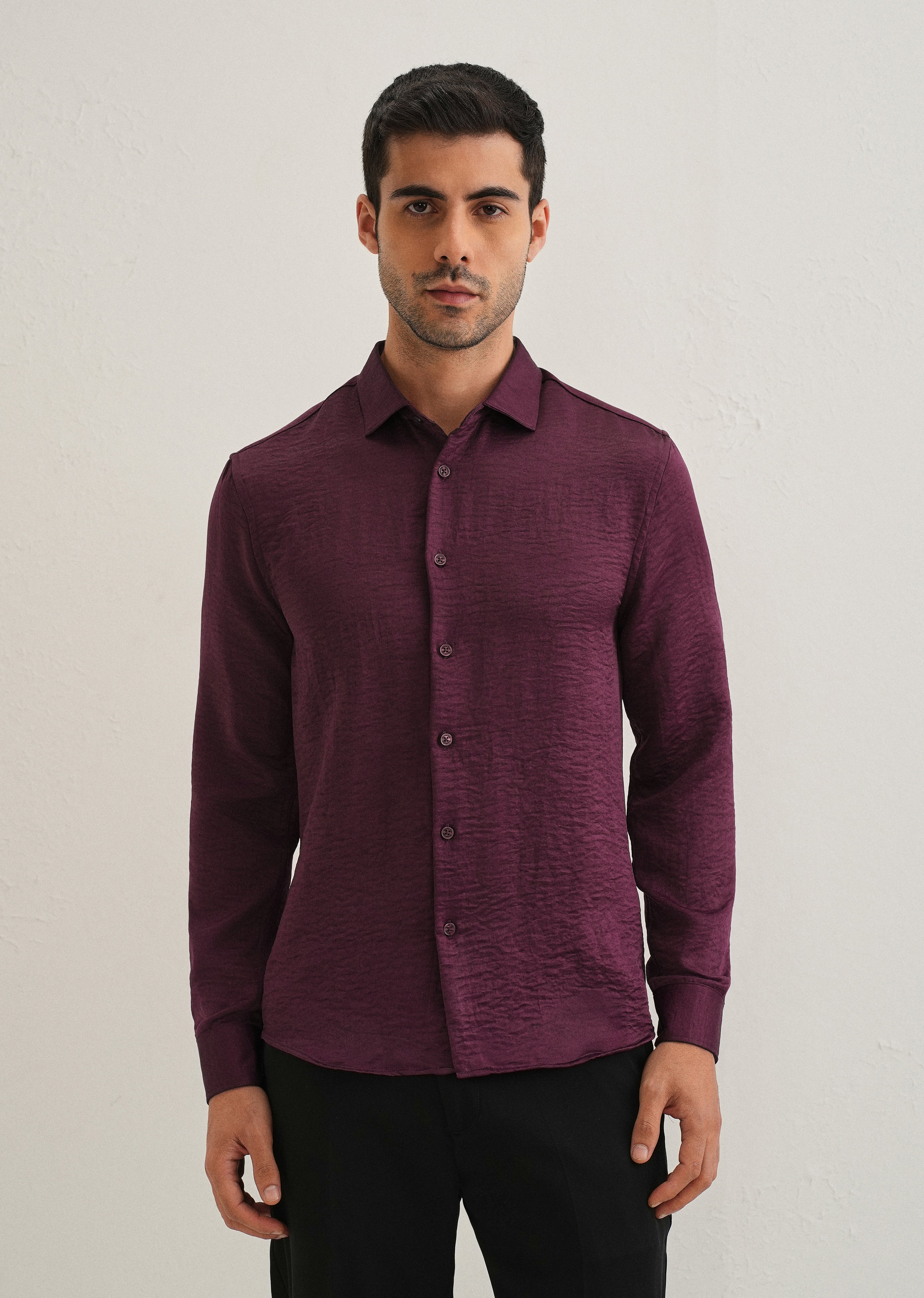 Burgundy Red Plain Crushed Satin Shirt