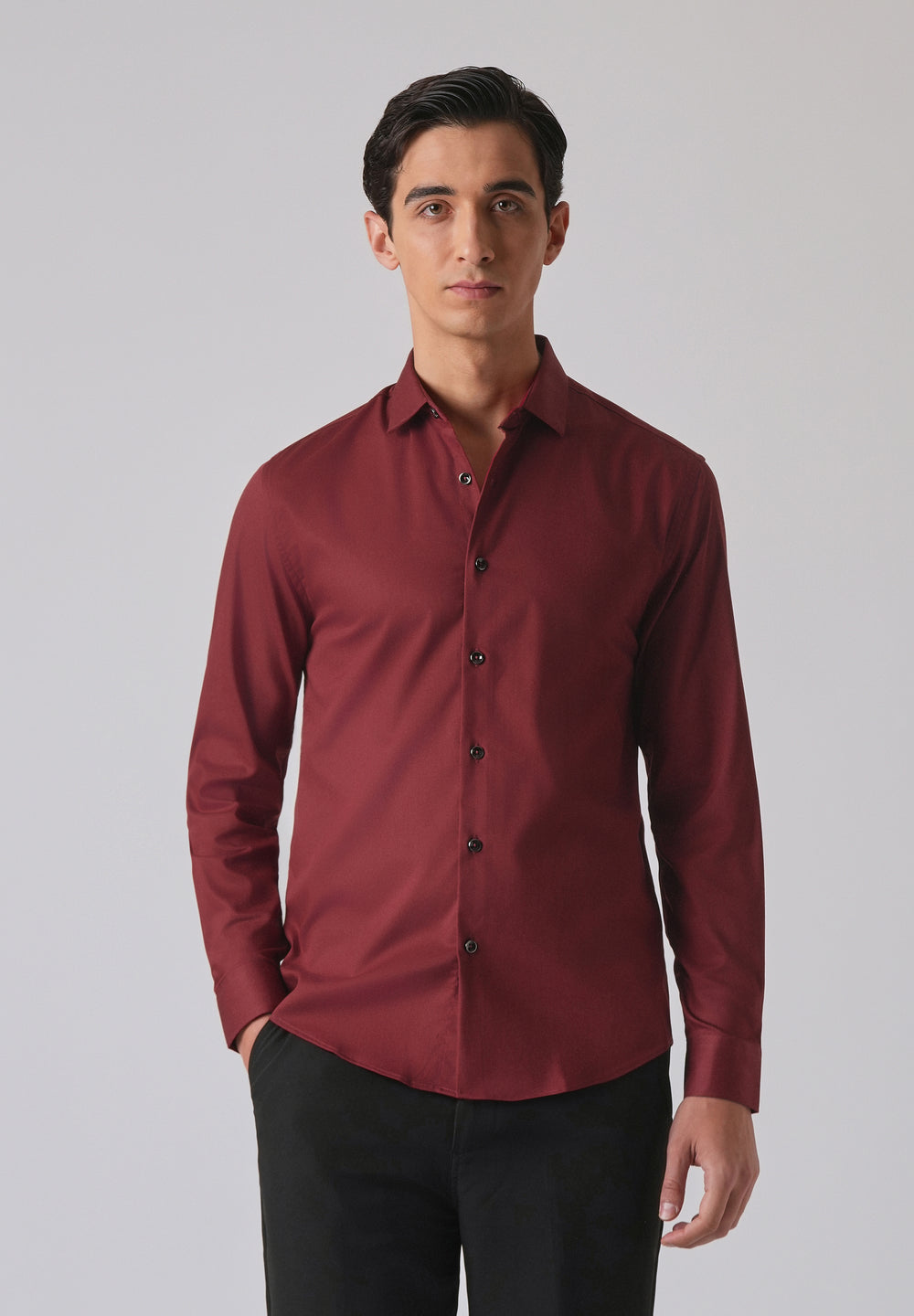 Burgundy Red Cotton Stretch Plain Shirt