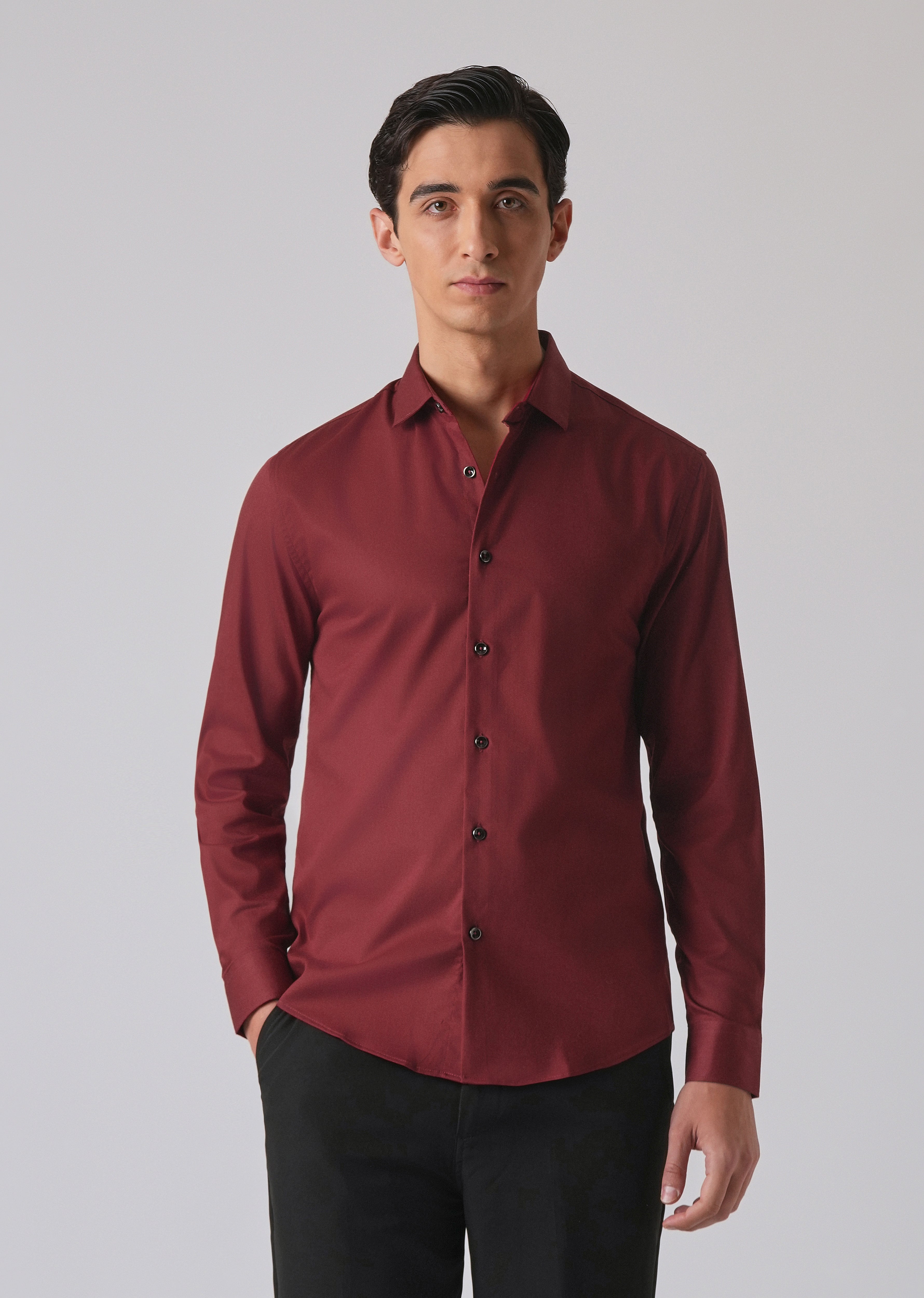 Burgundy Red Cotton Stretch Plain Shirt