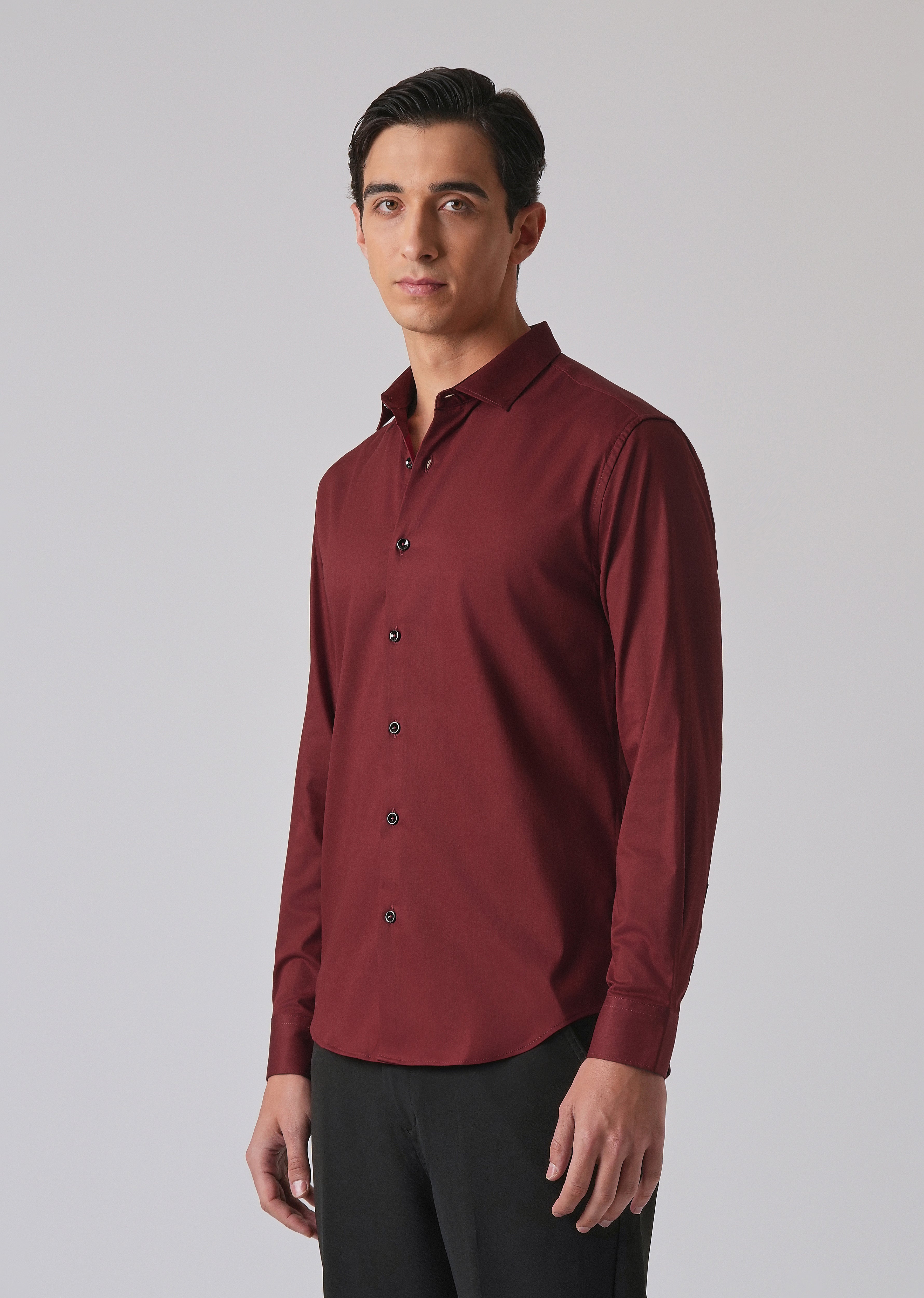 Burgundy Red Cotton Stretch Plain Shirt