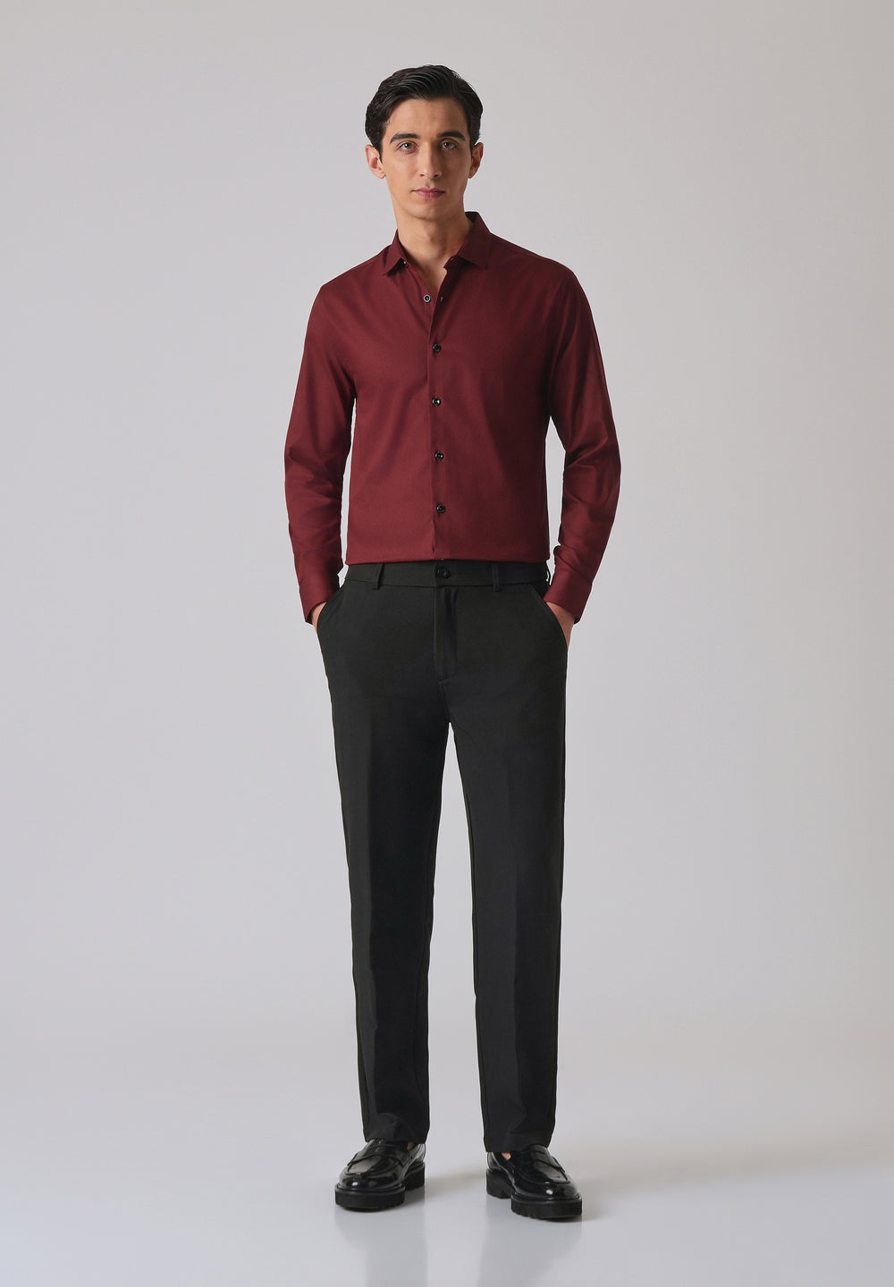 Burgundy Red Cotton Stretch Plain Shirt