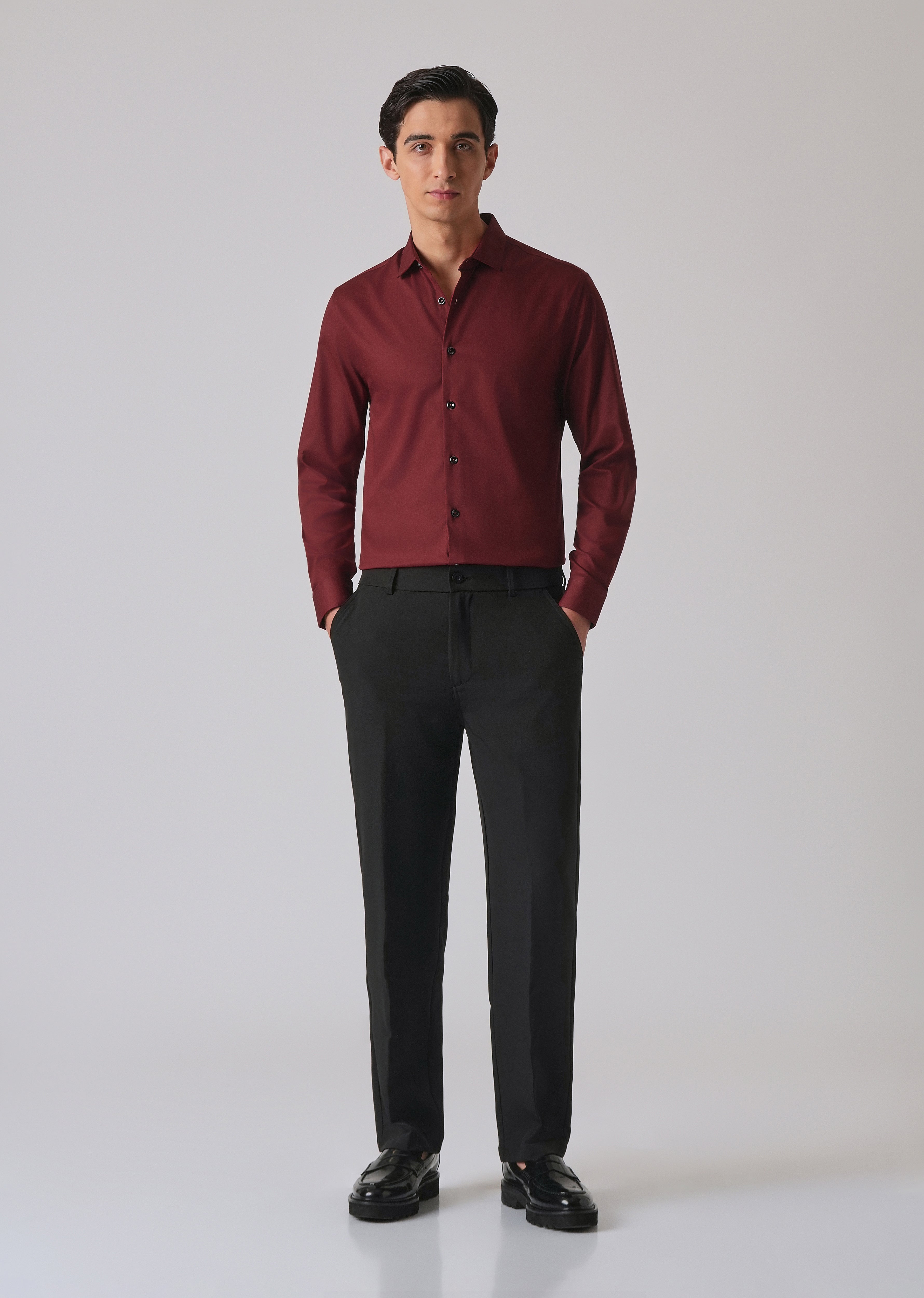 Burgundy Red Cotton Stretch Plain Shirt