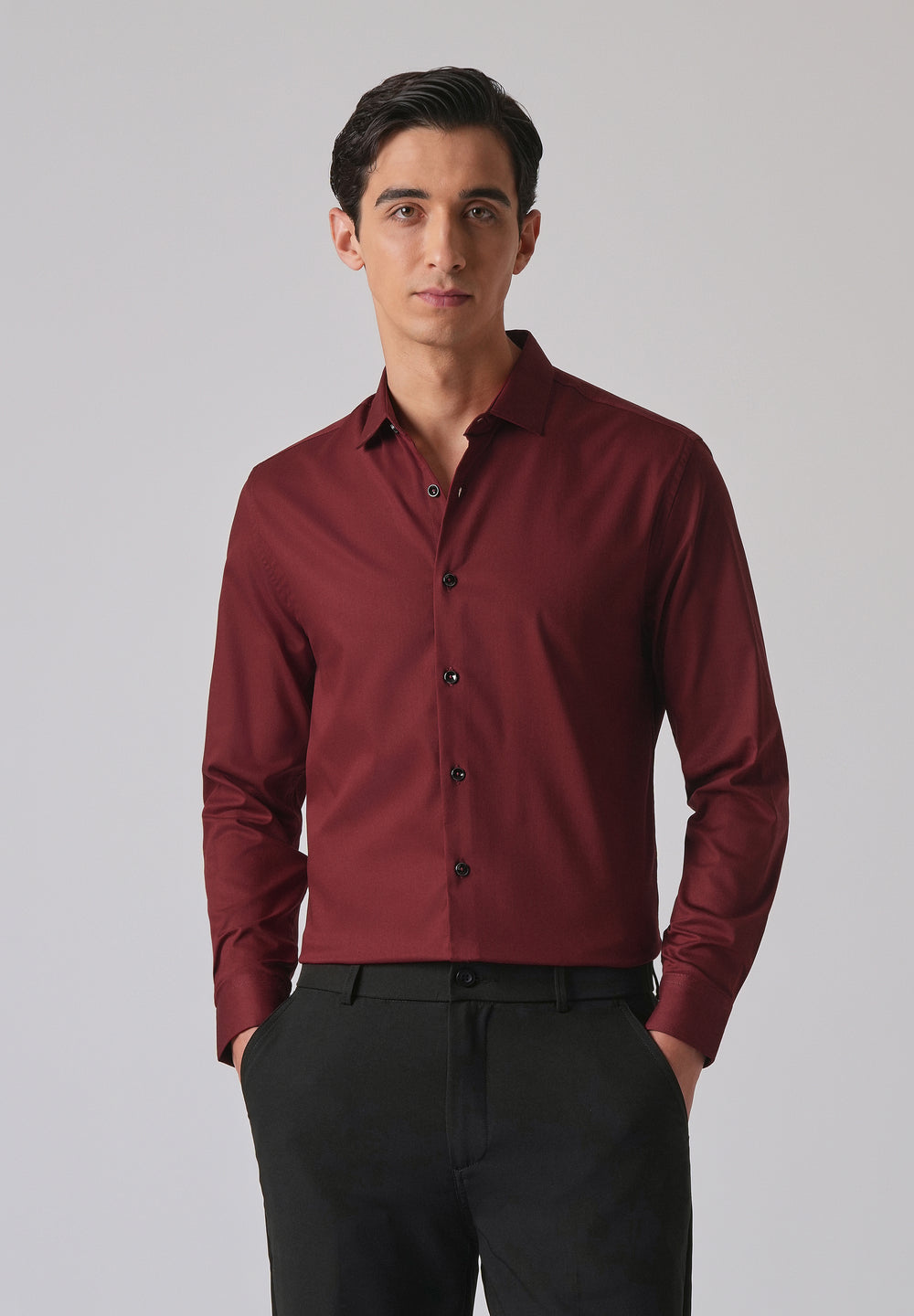 Burgundy Red Cotton Stretch Plain Shirt
