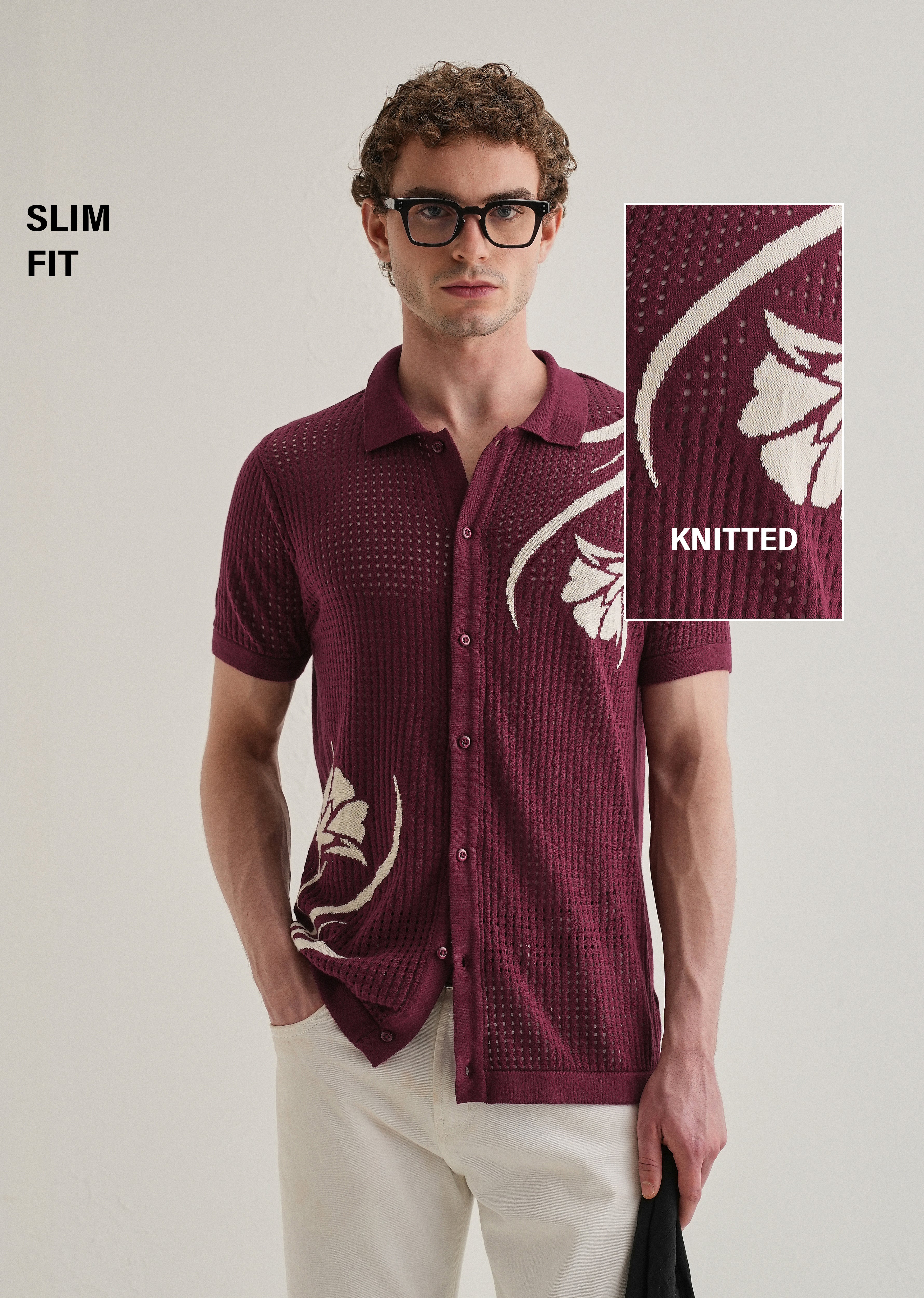 Burgundy Floral Open Knit Shirt