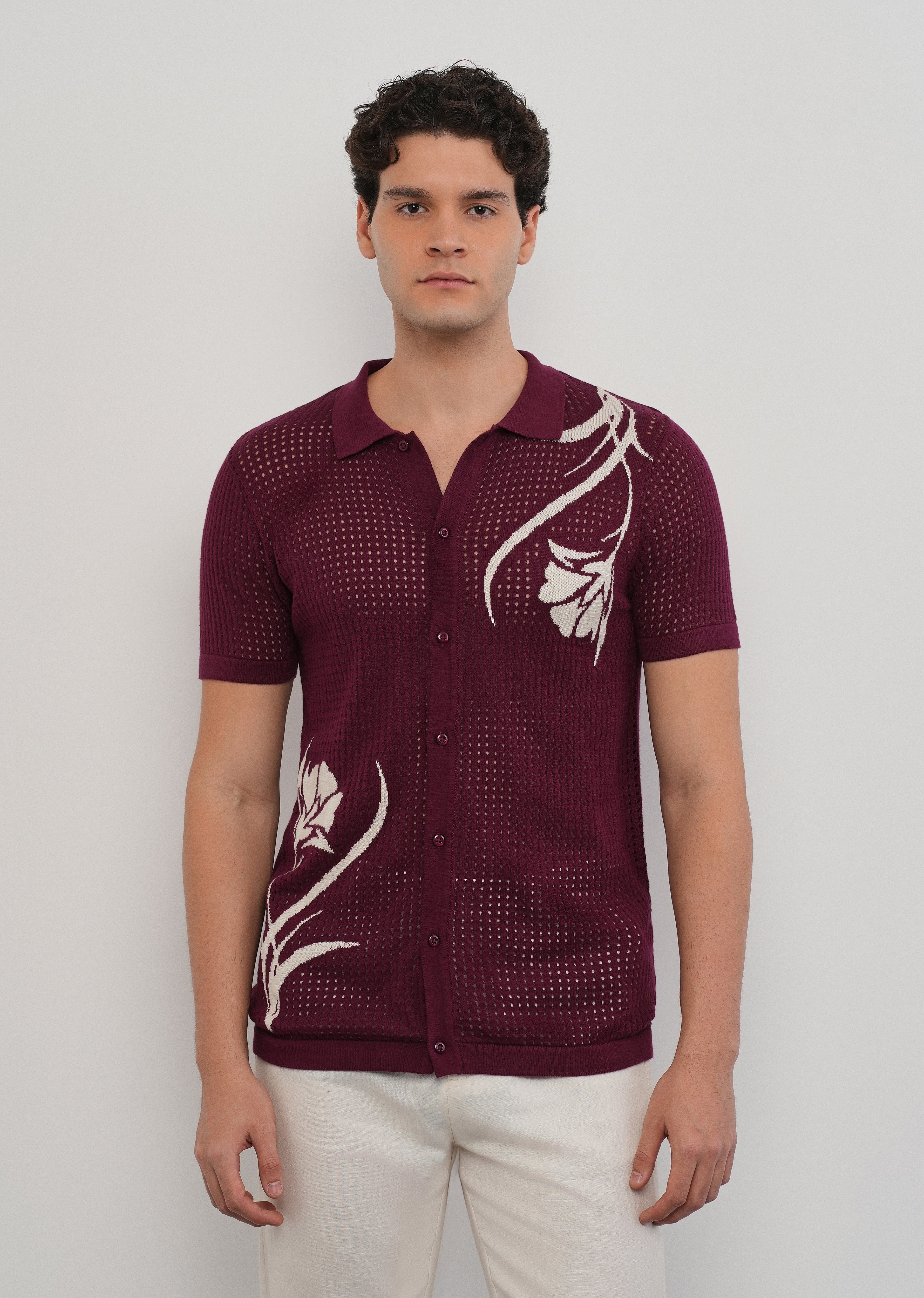 Burgundy Floral Open Knit Shirt